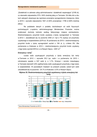 - 66 –
Wynagrodzenia i świadczenia społeczne
„Działalność w zakresie usług administrowania i działalność wspierająca” (2190 zł),
co stanowiło odpowiednio 57% i 64% średniej płacy w Tarnowie. Od kilku lat w obu
tych sekcjach obserwuje się najniższe przeciętne wynagrodzenie miesięczne, które
w 2010 r. wynosiło odpowiednio 1641 zł (54% przeciętnej) i 1796 zł (60% średniej
płacy).
Na podstawie danych o podatku dochodowym od osób fizycznych
pochodzących z systemu administracyjnego Ministerstwa Finansów można
analizować dochody ludności według faktycznego miejsca zamieszkania.
Średniomiesięczny przychód brutto uzyskany z tytułu wynagrodzeń w Tarnowie
w 2012 r. ukształtował się na poziomie 2440 zł i był o 7% wyższy od przychodu
uzyskanego w województwie (2279 zł). W porównaniu do 2010 r. średniomiesięczny
przychód brutto z tytułu wynagrodzeń wzrósł o 194 zł, tj. o blisko 9%. Dla
porównania w Krakowie w 2012 r. średniomiesięczny przychód brutto uzyskany
z tego tytułu wyniósł 2919 zł, a w Nowym Sączu - 2291 zł.5
Emerytury i renty5
Liczba osób uzyskujących przychody z tytułu emerytury lub renty
w Tarnowie w 2012 r. wynosiła 30,3 tys. osób i w porównaniu do 2010 r.
odnotowano spadek o 537 osób tj. o 1,7%. Emeryci i renciści mieszkający
w Tarnowie stanowili 3,8% ogólnej liczby osób uzyskujących przychody z tego tytułu
w województwie. W pozostałych miastach na prawach powiatu udział tych osób
ukształtował się na poziomie - 24,1% w Krakowie i 2,5% w Nowym Sączu.
Wykres 35. Średniomiesięczny przychód uzyskiwany z tytułu emerytury lub
renty
5
Dane Ministerstwa Finansów za 2012 r.
m. Kraków m. Nowy Sącz m. Tarnów woj. małopolskie
0
0,2
0,4
0,6
0,8
1,0
1,2
1,4
1,6
1,8
2007 2008 2009 2010 2011 2012
tys.zł.
 