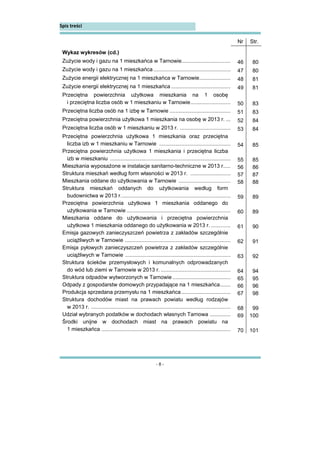 - 8 -
Spis treści 
Nr Str.
Wykaz wykresów (cd.)
Zużycie wody i gazu na 1 mieszkańca w Tarnowie................................. 46 80
Zużycie wody i gazu na 1 mieszkańca.................................................... 47 80
Zużycie energii elektrycznej na 1 mieszkańca w Tarnowie..................... 48 81
Zużycie energii elektrycznej na 1 mieszkańca ........................................ 49 81
Przeciętna powierzchnia użytkowa mieszkania na 1 osobę
i przeciętna liczba osób w 1 mieszkaniu w Tarnowie........................... 50 83
Przeciętna liczba osób na 1 izbę w Tarnowie ......................................... 51 83
Przeciętna powierzchnia użytkowa 1 mieszkania na osobę w 2013 r. ... 52 84
Przeciętna liczba osób w 1 mieszkaniu w 2013 r. .................................. 53 84
Przeciętna powierzchnia użytkowa 1 mieszkania oraz przeciętna
liczba izb w 1 mieszkaniu w Tarnowie ................................................ 54 85
Przeciętna powierzchnia użytkowa 1 mieszkania i przeciętna liczba
izb w mieszkaniu ................................................................................. 55 85
Mieszkania wyposażone w instalacje sanitarno-techniczne w 2013 r..... 56 86
Struktura mieszkań według form własności w 2013 r. ........................... 57 87
Mieszkania oddane do użytkowania w Tarnowie ................................... 58 88
Struktura mieszkań oddanych do użytkowania według form
budownictwa w 2013 r.......................................................................... 59 89
Przeciętna powierzchnia użytkowa 1 mieszkania oddanego do
użytkowania w Tarnowie ...................................................................... 60 89
Mieszkania oddane do użytkowania i przeciętna powierzchnia
użytkowa 1 mieszkania oddanego do użytkowania w 2013 r. ............. 61 90
Emisja gazowych zanieczyszczeń powietrza z zakładów szczególnie
uciążliwych w Tarnowie ....................................................................... 62 91
Emisja pyłowych zanieczyszczeń powietrza z zakładów szczególnie
uciążliwych w Tarnowie ....................................................................... 63 92
Struktura ścieków przemysłowych i komunalnych odprowadzanych
do wód lub ziemi w Tarnowie w 2013 r. ............................................... 64 94
Struktura odpadów wytworzonych w Tarnowie ....................................... 65 95
Odpady z gospodarstw domowych przypadające na 1 mieszkańca....... 66 96
Produkcja sprzedana przemysłu na 1 mieszkańca ................................. 67 98
Struktura dochodów miast na prawach powiatu według rodzajów
w 2013 r. .............................................................................................. 68 99
Udział wybranych podatków w dochodach własnych Tarnowa .............. 69 100
Środki unijne w dochodach miast na prawach powiatu na
1 mieszkańca ....................................................................................... 70 101
 