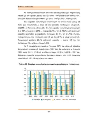 - 96 -
Ochrona środowiska
Na własnych składowiskach tarnowskie zakłady produkcyjne nagromadziły
1636.0 tys. ton odpadów, co daje 22,7 tys. ton na 1 km2
(przed rokiem 30,1 tys. ton).
Wskaźnik dla Krakowa wyniósł 111,4 tys. ton na 1 km2
(w 2012 r. 112,4 tys. ton).
Ilość odpadów komunalnych wytworzonych na terenie miasta zależy od
liczby jego mieszkańców, a także od ilości zakładów handlowych i usługowych.
W 2013 r. w Tarnowie zebrano 29,1 tys. ton odpadów komunalnych zmieszanych
tj. o 3,0% więcej jak w 2012 r., z czego 22,2 tys. ton (tj. 76,2% ogółu zebranych
odpadów) pochodziło z gospodarstw domowych, 6,3 tys. ton (21,7%) z handlu,
małego biznesu, biur i instytucji oraz 0,6 tys. ton (2,1%) z usług komunalnych.
Recyklingowi poddano 29,4% zebranych odpadów – łącznie 8,6 tys. ton
(w Krakowie 4% a w Nowym Sączu 3,4%).
Na 1 mieszkańca przypadało w Tarnowie 197,4 kg zebranych odpadów
komunalnych zmieszanych (przed rokiem 149,7 kg), dla porównania w Krakowie
185,5 kg (w 2012 r. 174,2 kg), a w Nowym Sączu 197,5 kg (w 2012 r. 150,7 kg).
Zbieraniem odpadów z gospodarstw domowych objętych było 11476 budynków
mieszkalnych, o 21,9% więcej jak przed rokiem.
Wykres 66. Odpady z gospodarstw domowych przypadające na 1 mieszkańca
100
120
140
160
180
200
220
2005 2006 2007 2008 2009 2010 2011 2012 2013
m. Kraków m. Nowy Sącz m. Tarnów woj. małopolskie
kg
 