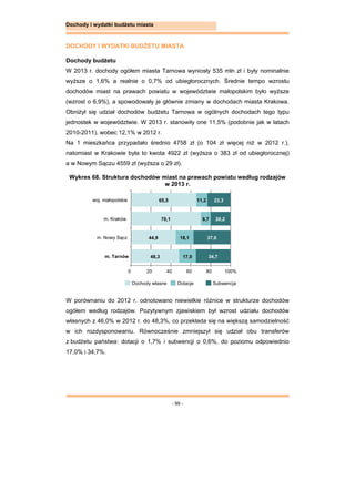 - 99 -
Dochody i wydatki budżetu miasta
DOCHODY I WYDATKI BUDŻETU MIASTA
Dochody budżetu
W 2013 r. dochody ogółem miasta Tarnowa wyniosły 535 mln zł i były nominalnie
wyższe o 1,6% a realnie o 0,7% od ubiegłorocznych. Średnie tempo wzrostu
dochodów miast na prawach powiatu w województwie małopolskim było wyższe
(wzrost o 6,9%), a spowodowały je głównie zmiany w dochodach miasta Krakowa.
Obniżył się udział dochodów budżetu Tarnowa w ogólnych dochodach tego typu
jednostek w województwie. W 2013 r. stanowiły one 11,5% (podobnie jak w latach
2010-2011), wobec 12,1% w 2012 r.
Na 1 mieszkańca przypadało średnio 4758 zł (o 104 zł więcej niż w 2012 r.),
natomiast w Krakowie była to kwota 4922 zł (wyższa o 383 zł od ubiegłorocznej)
a w Nowym Sączu 4559 zł (wyższa o 29 zł).
Wykres 68. Struktura dochodów miast na prawach powiatu według rodzajów
w 2013 r.
W porównaniu do 2012 r. odnotowano niewielkie różnice w strukturze dochodów
ogółem według rodzajów. Pozytywnym zjawiskiem był wzrost udziału dochodów
własnych z 46,0% w 2012 r. do 48,3%, co przekłada się na większą samodzielność
w ich rozdysponowaniu. Równocześnie zmniejszył się udział obu transferów
z budżetu państwa: dotacji o 1,7% i subwencji o 0,6%, do poziomu odpowiednio
17,0% i 34,7%.
woj. małopolskie
m. Kraków
m. Nowy Sącz
m. Tarnów
65,5
70,1
44,9
48,3
11,2
9,7
18,1
17,0
23,3
20,2
37,0
34,7
0 20 40 60 80 100%
Dochody własne Dotacje Subwencja
 
