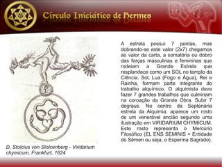 A estrela possui 7 pontas, mas
                                           dobrando-se este valor (2x7) chegamos
                                           ao valor da carta, a somatória ou dobro
                                           das forças masculinas e femininas que
                                           rodeiam a Grande Estrela que
                                           resplandece como um SOL no templo da
                                           Ciência. Sol, Lua (Fogo e Água), Rei e
                                           Rainha, formam parte integrante do
                                           trabalho alquímico. O alquimista deve
                                           fazer 7 grandes trabalhos que culminam
                                           na coroação da Grande Obra. Subir 7
                                           degraus. No centro da Septenária
                                           estrela da Alquimia, aparece um rosto
                                           de um venerável ancião segundo uma
                                           ilustração em VIRIDARIUM CHYMICUM.
                                           Este rosto representa o Mercúrio
                                           Filosófico (EL ENS SEMINIS = Entidade
                                           do Sêmen ou seja, o Esperma Sagrado).
D. Stolcius von Stolcenberg - Viridarium
chymicum, Frankfurt, 1624
 