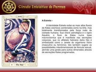 A Estrela -

     A Identidade Estrela exibe os mais altos fluxos
de Kalas cósmicos combinados como na Arte, mas
totalmente transformados pela força inata da
vontade humana. Sua chave astrológica é o signo
Aquário, o fluxo de Kalas numa base
macrocósmica que é manifesta nas secreções
corporais, que no alfabeto hebraico (letra He) é
simbolizado como a Janela do organismo físico
(masculino ou feminino). Isto também sugere as
possibilidades interdimensionais de fórmula sexual,
abrindo uma janela para outras dimensões através
de secreções Kalas programadas.
 