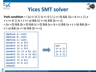 The FITTEST project is funded by the European Commission (FP7-ICT-257574) 	

Yices	
  SMT	
  solver	
  
Path	
  condi6on	
  =	
  !	
  (a	
  <=	
  0	
  ||	
  b	
  <=	
  0	
  ||	
  c	
  <=	
  0)	
  &&	
  !(a	
  +	
  b	
  <=	
  c	
  ||	
  a	
  
+	
  c	
  <=	
  b	
  ||	
  b	
  +	
  c	
  <=	
  a)	
  &&	
  (a	
  ==	
  b)	
  &&	
  (b	
  ==	
  c)	
  
=	
  (a	
  >	
  0)	
  &&	
  (b	
  >	
  0)	
  &&	
  (c	
  >	
  0)	
  &&	
  (a	
  +	
  b	
  >	
  c)	
  &&	
  (a	
  +	
  c	
  >	
  b)	
  &&	
  (b	
  +	
  
c	
  >	
  a)	
  &&	
  (a	
  ==	
  b)	
  &&	
  (b	
  ==	
  c)	
  
(define a::int)
(define b::int)
(define c::int)
(assert (> a 0))
(assert (> b 0))
(assert (> c 0))
(assert (> (+ a b) c))
(assert (> (+ a c) b))
(assert (> (+ b c) a))
(assert (= a b))
(assert (= b c))
(check)
sat
(= a 1)
(= b 1)
(= c 1)
101	

 