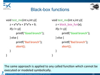 The FITTEST project is funded by the European Commission (FP7-ICT-257574) 	

Black-box functions	
  
void	
  test_me(int	
  x,int	
  y){	
  
	
  z	
  =	
  x*x*x	
  +	
  3*x*x	
  +	
  9;	
  
	
  if(z	
  !=	
  y){	
  
	
   	
  prin•(“Good	
  branch”);	
  
	
  }	
  else	
  {	
  
	
   	
  prin•(“Bad	
  branch”);	
  
	
   	
  abort();	
  
	
  }	
  
}	
  
	
   	
  	
  
void	
  test_me(int	
  x,int	
  y){	
  
	
  z	
  =	
  black_box_fun(x);	
  
	
  if(z	
  !=	
  y){	
  
	
   	
  prin•(“Good	
  branch”);	
  
	
  }	
  else	
  {	
  
	
   	
  prin•(“Bad	
  branch”);	
  
	
   	
  abort();	
  
	
  }	
  
}	
  
	
  
The	
  same	
  approach	
  is	
  applied	
  to	
  any	
  called	
  func4on	
  which	
  cannot	
  be	
  
executed	
  or	
  modeled	
  symbolically.	
  
120	

 