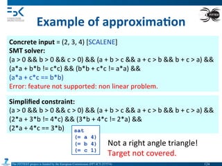 The FITTEST project is funded by the European Commission (FP7-ICT-257574) 	

Example	
  of	
  approxima6on	
  
Concrete	
  input	
  =	
  (2,	
  3,	
  4)	
  [SCALENE]	
  
SMT	
  solver:	
  	
  
(a	
  >	
  0	
  &&	
  b	
  >	
  0	
  &&	
  c	
  >	
  0)	
  &&	
  (a	
  +	
  b	
  >	
  c	
  &&	
  a	
  +	
  c	
  >	
  b	
  &&	
  b	
  +	
  c	
  >	
  a)	
  &&	
  
(a*a	
  +	
  b*b	
  !=	
  c*c)	
  &&	
  (b*b	
  +	
  c*c	
  !=	
  a*a)	
  &&	
  	
  
(a*a	
  +	
  c*c	
  ==	
  b*b)	
  	
  
Error:	
  feature	
  not	
  supported:	
  non	
  linear	
  problem.	
  
Simpliﬁed	
  constraint:	
  	
  
(a	
  >	
  0	
  &&	
  b	
  >	
  0	
  &&	
  c	
  >	
  0)	
  &&	
  (a	
  +	
  b	
  >	
  c	
  &&	
  a	
  +	
  c	
  >	
  b	
  &&	
  b	
  +	
  c	
  >	
  a)	
  &&	
  
(2*a	
  +	
  3*b	
  !=	
  4*c)	
  &&	
  (3*b	
  +	
  4*c	
  !=	
  2*a)	
  &&	
  	
  
(2*a	
  +	
  4*c	
  ==	
  3*b)	
  	
   sat
(= a 4)
(= b 4)
(= c 1)
Not	
  a	
  right	
  angle	
  triangle!	
  
Target	
  not	
  covered.	
  
124	

 