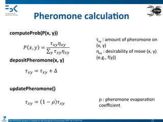The FITTEST project is funded by the European Commission (FP7-ICT-257574) 	

Pheromone	
  calcula6on	
  
computeProb(P(x,	
  y))	
  
depositPheromone(x,	
  y)	
  
updatePheromone()	
  
τxy	
  :	
  amount	
  of	
  pheromone	
  on	
  
(x,	
  y)	
  
ηxy	
  :	
  desirability	
  of	
  move	
  (x,	
  y)	
  
(e.g.,	
  f(y))	
  
ρ  :	
  pheromone	
  evapora4on	
  
coeﬃcient	
  
22	

 