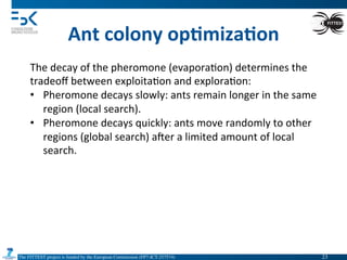 The FITTEST project is funded by the European Commission (FP7-ICT-257574) 	

Ant	
  colony	
  op6miza6on	
  
The	
  decay	
  of	
  the	
  pheromone	
  (evapora4on)	
  determines	
  the	
  
tradeoﬀ	
  between	
  exploita4on	
  and	
  explora4on:	
  
•  Pheromone	
  decays	
  slowly:	
  ants	
  remain	
  longer	
  in	
  the	
  same	
  
region	
  (local	
  search).	
  
•  Pheromone	
  decays	
  quickly:	
  ants	
  move	
  randomly	
  to	
  other	
  
regions	
  (global	
  search)	
  amer	
  a	
  limited	
  amount	
  of	
  local	
  
search.	
  
23	

 