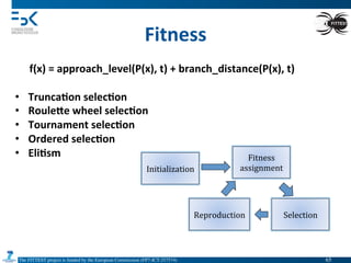The FITTEST project is funded by the European Commission (FP7-ICT-257574) 	

Fitness	
  
Initialization	
  
Fitness	
  
assignment	
  
Selection	
  Reproduction	
  
f(x)	
  =	
  approach_level(P(x),	
  t)	
  +	
  branch_distance(P(x),	
  t)	
  
•  Trunca6on	
  selec6on	
  
•  RouleQe	
  wheel	
  selec6on	
  
•  Tournament	
  selec6on	
  
•  Ordered	
  selec6on	
  
•  Eli6sm	
  
65	

 