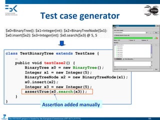 The FITTEST project is funded by the European Commission (FP7-ICT-257574) 	

Test	
  case	
  generator	
  
$x0=BinaryTree():	
  $x1=Integer(int):	
  $x2=BinaryTreeNode($x1):	
  
$x0.insert($x2):	
  $x3=Integer(int):	
  $x0.search($x3)	
  @	
  5,	
  5	
  
class TestBinaryTree extends TestCase {
…
public void testCase2() {
BinaryTree x0 = new BinaryTree();
Integer x1 = new Integer(5);
BinaryTreeNode x2 = new BinaryTreeNode(x1);
x0.insert(x2);
Integer x3 = new Integer(5);
assertTrue(x0.search(x3));
}
}
Asser6on	
  added	
  manually	
  
66	

 