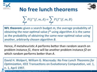 The FITTEST project is funded by the European Commission (FP7-ICT-257574) 	

No	
  free	
  lunch	
  theorems	
  
David	
  H.	
  Wolpert,	
  William	
  G.	
  Macready:	
  No	
  Free	
  Lunch	
  Theorems	
  for	
  
Op(miza(on,	
  IEEE	
  Transac4ons	
  on	
  Evolu4onary	
  Computa4on,	
  vol.	
  1,	
  
n.	
  1,	
  April	
  1997.
NFL	
  theorem:	
  given	
  a	
  search	
  budget	
  m,	
  the	
  average	
  probability	
  of	
  
obtaining	
  the	
  near-­‐op4mal	
  value	
  f*	
  using	
  algorithm	
  A	
  is	
  the	
  same	
  
as	
  the	
  probability	
  of	
  obtaining	
  the	
  same	
  near-­‐op4mal	
  value	
  using	
  
another,	
  arbitrarily	
  chosen	
  algorithm	
  B.
Hence,	
  if	
  metaheuris4c	
  A	
  performs	
  beVer	
  than	
  random	
  search	
  on	
  
problem	
  instance	
  f1,	
  there	
  will	
  be	
  another	
  problem	
  instance	
  f2	
  on	
  
which	
  random	
  performs	
  beVer	
  than	
  A.
7	

 