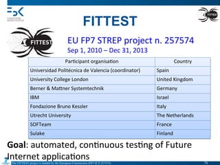The FITTEST project is funded by the European Commission (FP7-ICT-257574) 	

FITTEST
EU	
  FP7	
  STREP	
  project	
  n.	
  257574	
  
Sep	
  1,	
  2010	
  –	
  Dec	
  31,	
  2013	
  
Par4cipant	
  organisa4on Country
Universidad	
  Politécnica	
  de	
  Valencia	
  (coordinator) Spain
University	
  College	
  London United	
  Kingdom
Berner	
  &	
  MaVner	
  Systemtechnik Germany
IBM Israel
Fondazione	
  Bruno	
  Kessler Italy
Utrecht	
  University The	
  Netherlands
SOFTeam France
Sulake Finland
Goal:	
  automated,	
  con4nuous	
  tes4ng	
  of	
  Future	
  
Internet	
  applica4ons	
   79	

 