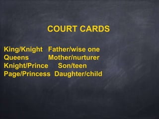 COURT CARDS
King/Knight Father/wise one
Queens Mother/nurturer
Knight/Prince Son/teen
Page/Princess Daughter/child
 