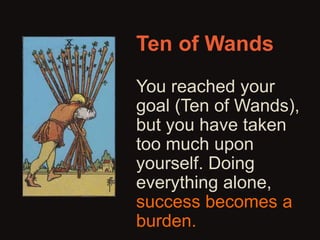 Ten of Wands
You reached your
goal (Ten of Wands),
but you have taken
too much upon
yourself. Doing
everything alone,
succ...