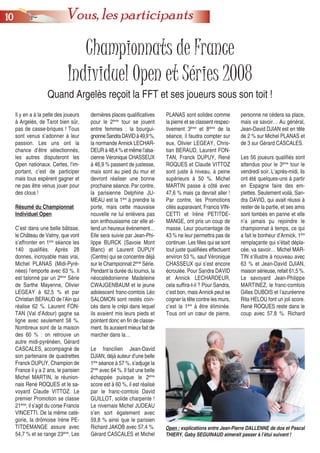 Championnats de France
Individuel Open et Séries 2008
Quand Argelès reçoit la FFT et ses joueurs sous son toit !
Il y en a à la pelle des joueurs
à Argelès, de Tarot bien sûr,
pas de casse-briques ! Tous
sont venus s’adonner à leur
passion. Les uns ont la
chance d’être sélectionnés,
les autres disputeront les
Open nationaux. Certes, l’im-
portant, c’est de participer
mais tous espèrent gagner et
ne pas être venus jouer pour
des clous !
Résumé du Championnat
Individuel Open
C’est dans une belle bâtisse,
le Château de Valmy, que vont
s’affronter en 1ère
séance les
140 qualifiés. Après 28
donnes, incroyable mais vrai,
Michel PLANAS (Midi-Pyré-
nées) l’emporte avec 63 %. Il
est talonné par un 2ème
Série
de Sarthe Mayenne, Olivier
LEGEAY à 62,5 % et par
Christian BERAUD de l’Ain qui
réalise 62 %. Laurent FON-
TAN (Val d’Adour) gagne sa
ligne avec seulement 58 %.
Nombreux sont de la maison
des 60 % : on retrouve un
autre midi-pyrénéen, Gérard
CASCALES, accompagné de
son partenaire de quadrettes
Franck DUPUY, Champion de
France il y a 2 ans, le parisien
Michel MARTIN, le réunion-
nais René ROQUES et le sa-
voyard Claude VITTOZ. Le
premier Promotion se classe
21ème
, il s’agit du corse Francis
VINCETTI. De la même caté-
gorie, la drômoise Irène PE-
TITDEMANGE assure avec
54,7 % et se range 23ème
. Les
dernières places qualificatives
pour le 2ème
tour se jouent
entre femmes : la bourgui-
gnonneSandraDAVIDà49,9%,
la normande Annick LECHAR-
DEUR à 48,4 % et même l’alsa-
cienne Véronique CHASSEUX
à 46,9 % passent de justesse,
mais sont au pied du mur et
devront réaliser une bonne
prochaine séance. Par contre,
la parisienne Delphine JU-
MEAU est la 1ère
à prendre la
porte, mais cette mauvaise
nouvelle ne lui enlèvera pas
son enthousiasme car elle at-
tend un heureux évènement…
Elle sera suivie par Jean-Phi-
lippe BURCK (Savoie Mont
Blanc) et Laurent DUPUY
(Centre) qui se concentre déjà
sur le Championnat 2ème
Série.
Pendant la durée du tournoi, la
néocalédonienne Madeleine
CWAJGENBAUM et le jeune
adolescent franc-comtois Léo
SALOMON sont restés coin-
cés dans le crépi dans lequel
ils avaient mis leurs pieds et
pointent donc en fin de classe-
ment. Ils auraient mieux fait de
marcher dans la…
Le francilien Jean-David
DJIAN, déjà auteur d’une belle
1ère
séance à 57 %, s’adjuge la
2nde
avec 64 %. Il fait une belle
échappée puisque le 2ème
score est à 60 %, il est réalisé
par le franc-comtois David
GUILLOT, solide charpente !
Le nivernais Michel JUDEAU
s’en sort également avec
59,8 % ainsi que le parisien
Richard JAKOB avec 57,4 %.
Gérard CASCALES et Michel
PLANAS sont solides comme
la pierre et se classent respec-
tivement 3ème
et 8ème
de la
séance, il faudra compter sur
eux. Olivier LEGEAY, Chris-
tian BERAUD, Laurent FON-
TAN, Franck DUPUY, René
ROQUES et Claude VITTOZ
sont juste à niveau, à peine
supérieurs à 50 %. Michel
MARTIN passe à côté avec
47,6 % mais ça devrait aller !
Par contre, les Promotions
cités auparavant, Francis VIN-
CETTI et Irène PETITDE-
MANGE, ont pris un coup de
masse. Leur pourcentage de
43 % ne leur permettra pas de
continuer. Les filles qui se sont
tout juste qualifiées effectuent
environ 53 %, sauf Véronique
CHASSEUX qui s’est encore
écroulée. Pour Sandra DAVID
et Annick LECHARDEUR,
cela suffira-t-il ? Pour Sandra,
c’est bon, mais Annick peut se
cogner la tête contre les murs,
c’est la 1ère
à être éliminée.
Tous ont un cœur de pierre,
personne ne cèdera sa place,
mais va savoir… Au général,
Jean-David DJIAN est en tête
de 2 % sur Michel PLANAS et
de 3 sur Gérard CASCALES.
Les 56 joueurs qualifiés sont
attendus pour le 3ème
tour le
vendredi soir. L’après-midi, ils
ont été quelques-uns à partir
en Espagne faire des em-
plettes. Seulement voilà, San-
dra DAVID, qui avait réussi à
rester de la partie, et ses amis
sont tombés en panne et elle
n’a jamais pu rejoindre le
championnat à temps, ce qui
a fait le bonheur d’Annick, 1ère
remplaçante qui s’était dépla-
cée, va savoir… Michel MAR-
TIN s’illustre à nouveau avec
63 % et Jean-David DJIAN,
maison sérieuse, refait 61,5 %.
Le savoyard Jean-Philippe
MARTINEZ, le franc-comtois
Gilles DUBOIS et l’azuréenne
Rita HELOU font un joli score.
René ROQUES reste dans le
coup avec 57,8 %. Richard
Open : explications entre Jean-Pierre DALLENNE de dos et Pascal
THIERY. Gaby SEGUINAUD aimerait passer à l’étui suivant !
1100 Vous, les participants
 