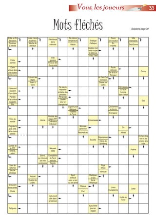Edité en fin
de saison
Pipelines
à pétrole
Juste l’atout
supérieur
Mèche de
cheveux
Défaillance
de la
mémoire
De même
température
Habita
Stratégie
d’attaque
Ouvre
une couleur
En
marche
Ville
marocaine
ExtarDonne
Couleur pour
faire couper
la défense
14 au Tarot
Petite
pomme
Vide
greniers
Peut se dire
d’une carte
Carte
unique dans
une couleur
Petite carte
Route
nationale
Se dit d’un
Roi seul
Connu
Enfreint les
règles
Il sert à
boire
UnTarotClub
normand
Classe ses
cartes
Il descend
souvent
d’une table
Ne pas la
respecter
entraîne des
pénalités
Petit ruisseau
Cri d’un
homme
dans l’effort
Planète
à la surface
rougeâtre
Plis
Prit la main
Qualifié
pour un
championnat
Gaz
Logiciel pour
dialoguer
Vedettes
du Tarot
Classement
au tennis
S’emparer
Venu au
monde
Atome
Période des
stages FFT
Ordinateur
individuel
Embarrassée
Poignée la
plus forte
Il a les mains
pleines
Monnaie
japonaise
Reconstituez
Do
Arbres
Buvette
Département
Héros de
Spielberg
En faire trop
sur un jeu
amène à la
bulle
Comité de
la FFT
Enlevé,
retiré
Mauvais
kibitz
Poème
Borné,
qui n’écoute
pas ses
partenaires
Compétition
de Tarot
estivale
Rejette
User de
railleries
Jeu de
stratégie
Pays
d’Asie
Véhicule
Naturel
Ovation du
public
Sport
pratiqué
avec un arc
ou une arme
Dupliquer
un jeu
Ile de
l’Atlantique
Entourent
leurs cartes
Coûté
Rhésus
Part
Union
Européenne
Dette
Instrument
utile dans
le bâtiment
Inutile au
Tarot
Fatiguera
Il peut être
joué en
équipe
Mots fléchés Solutions page 39
3333Vous, les joueurs
 