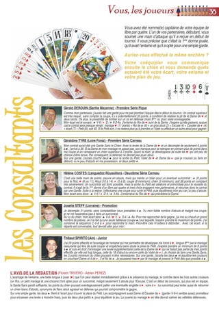 3366 Vous, les joueurs
SSuuiivvii dd’’uunnee ddoonnnnee
OUEST
EST Preneur
NORD
SUD Donneur
La donne qui vous est proposée a été jouée lors de la première
séance du Championnat de France Individuel Première Série
à Evian-les-Bains le vendredi 30 mai 2014. Il s’agit de l’étui n°3.
Six des joueries les plus intéressantes ont été sélectionnées.
COMMENTAIRES
ATTAQUE
La main d’attaque et le chien
Voici une duplication d’attaque classique : deux bouts imprenables, deux Rois. Seule
la longueur d’atout laisse à désirer (6ème
), mais heureusement, le 21 est soutenu par
le 17 et le 15. De plus, le preneur aura l’entame, ce qui est avantageux. Le chien
est costaud et les deux forts tarots relevés permettent à Est d’avoir une belle
séquence à l’atout (du 15 au 18). La Dame de ♥ 2nde
rentre pour former le petit
mariage, le Cavalier de ♣ la longue.
L’écart et le plan d’attaque
Généralement, une belle relève réduit les possibilités d’écart, pas ici ! Un écart
(♠ 3-2 / ♦ C-9-4-As) a quand même été adopté par 50% des attaquants (7 sur 14).
Jouer avec la coupe ♦ et la longue ♣, avec deux couleurs en arrêt (Roi de ♠ et
petit mariage ♥), était sérieux. Le seul point négatif de cet écart pouvait être la
présence d’une unique faiblesse, le preneur n’ayant d’autre choix que de conserver
une fausse carte à côté de son Roi de ♠ qui pouvait laisser s’échapper des points.
Bien qu’ils soient 8èmes
avec l’Excuse et auront donc du mal à déborder, certains
ont préféré jouer avec deux faiblesses :
- deux preneurs ont fait la chicane à ♦ et ont couché le petit mariage ♥. Cet écart
pouvait assurer une bonne note, à condition de prendre les pièces de la coupe et
de capturer le Roi de ♥. De plus, en cas de mauvaise répartition à ♥ (coupe ou
singlette en défense), cet écart pouvait sauver les meubles !
- un seul joueur a choisi d’assécher le Roi de ♠ et de garder un ♦ blanc. Cet écart
n’était pas dénué de sens, d’autant que dans la couleur où il a conservé la singlette,
l’attaquant a pu coucher des points (le Cavalier). Ayant l’entame, cet écart lui
permettait de jouer de suite l’enfume pour prendre au moins un honneur.
Les quatre derniers ont décidé d’équilibrer leur jeu, sans omettre la coupe ♦, en
mettant au chaud le Cavalier de ♣ de leur longue. Deux ont conservé le Roi de ♣
4ème
, couchant un petit ♠. Les deux autres ont raccourci davantage les ♣, devenant
une couleur d’appoint, et sont passés par les ♠, initiative qui s’avère concluante !
L’entame
C’est l’entame atout, dans la séquence, qui a été la plus réalisée : le 18 a été joué
six fois, le 16 une fois. Ce sont principalement les preneurs qui n’avaient pas
contracté deux faiblesses qui l’ont effectuée. Ne craignant normalement pas le
débordement, ils pouvaient se permettre de jouer un gros atout pour tenter de marier
19-20, se rendre quatre fois maître et, qui sait, prendre le Petit. D’autres, sans
doute moins optimistes pour le débord et voulant laisser le Petit dehors, ont choisi
de pousser la longue. Il est donc normal de retrouver cinq entames du Roi de ♣.
La longue
A part deux attaquants qui ont joué par leurs quatre ♠, tous avaient comme plan
de développer les ♣, que ce soit d’entrée, après un coup d’atout ou une enfume.
Le problème n’était pas sur la 1ère
carte jouée de la longue, le Roi bille en tête,
mais sur la 2ème
. Fallait-il lancer ou non le Valet au 2ème
tour ? 70% l’ont envoyé.
En effet, déborder sera difficile et pour ce faire, il faudra sans doute pousser les
cinq ♣. Si le partage est parfait (3-3-3) en défense, il serait vraiment dommage de
ne pas avoir essayé d’encaisser le Cavalier. L’attaquant de la table 5 vert (partie
reportée) n’a peut-être pas osé au 4ème
pli envoyer le Valet car sur la levée
précédente, sur le Roi, il n’a pas vu l’As qui laisse présager une tenue en défense.
L’attaquant 2 vert, qui a joué sa singlette ♥, a reçu l’ouverture dans sa longue. S’il
avait fait cette impasse difficile, il aurait encaissé le Cavalier et pris la Dame.
DEFENSE
Installer le flanc de défense
En règle générale, que le preneur passe par atout ou par les ♣, la main atterrissait
chez le joueur de devant qui se devait de montrer la coupe ♦, en ouvrant du 10
sous son mariage 5ème
. Souvent, il était en main une 2ème
fois pour la répétition ♦
et la surcoupe du milieu. A la table 7 vert, le flanc atout du joueur Sud au pli 5, pour
sauver les points ♦ rapidement, est sanctionné par la bulle. Cette jouerie était trop
dangereuse (18, 16 et Cavalier de ♣ au chien). Parfois, ♦ n’a pas été répétée et
l’entame ♠ a été produite. Des preneurs ont impassé et perdu le mariage ♠, mais
souvent, ils ont encaissé la Dame de ♥ juste après. La donne n’a jamais chuté.
Après la surcoupe ♦, le joueur du milieu devait s’interdire d’entrer ♥ (huit en sa
possession et deux au chien dont la Dame) pour ne pas démolir un partenaire ou
faire encaisser une pièce infaisable à l’attaquant. Ceci a plutôt bien été respecté,
la Dame de ♠ sèche ayant été souvent sacrifiée. Mais nombreux se sont retrouvé
bloqués en main, obligés d’ouvrir ♥, et peu ont engagé le Roi...
Une fois la donne bien mise en place, la main dormante du fond, 6ème
sans un
atout à deux pattes, devenait forte. Certains preneurs ne l’ont pas vue venir !
 