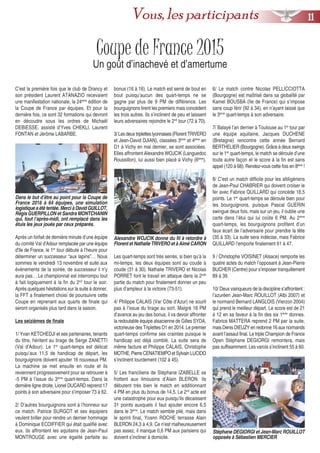 Coupe de France 2015
Un goût d’inachevé et d’amertume
C’est la première fois que le club de Drancy et
son président Laurent ATANAZIO recevaient
une manifestation nationale, la 24ème
édition de
la Coupe de France par équipes. Et pour la
dernière fois, ce sont 32 formations qui devront
en découdre sous les ordres de Michaël
DEBIESSE, assisté d’Yves CHEKLI, Laurent
FONTAN et Jérôme LABARBE.
Après un forfait de dernière minute d’une équipe
du comité Val d’Adour remplacée par une équipe
d’Ile de France, le 1er
tour débute à l’heure pour
déterminer un successeur “aux lapins”… Nous
sommes le vendredi 13 novembre et suite aux
événements de la soirée, de successeur il n’y
aura pas… Le championnat est interrompu tout
à fait logiquement à la fin du 2nd
tour le soir.
Après quelques hésitations sur la suite à donner,
la FFT a finalement choisi de poursuivre cette
Coupe en reprenant aux quarts de finale qui
seront organisés plus tard dans la saison.
Les seizièmes de finale
1/ Yvan KETCHEDJI et ses partenaires, tenants
du titre, héritent au tirage de Serge ZANETTI
(Val d’Adour). Le 1er
quart-temps est délicat
puisqu’aux 11,5 de handicap de départ, les
bourguignons doivent ajouter 16 nouveaux PM.
La machine se met ensuite en route et ils
reviennent progressivement pour se retrouver à
-5 PM à l’issue du 3ème
quart-temps. Dans la
dernière ligne droite, Lionel DUCARD reprend 17
points à son adversaire pour s’imposer 73 à 62.
2/ D’autres bourguignons sont à l’honneur sur
ce match. Patrice SURGOT et ses équipiers
veulent briller pour rendre un dernier hommage
à Dominique ECOIFFIER qui était qualifié avec
eux. Ils affrontent les aquitains de Jean-Paul
MONTROUGE avec une égalité parfaite au
bonus (16 à 16). Le match est serré de bout en
bout puisqu’aucun des quart-temps ne se
gagne par plus de 9 PM de différence. Les
bourguignons tirent les premiers mais concèdent
les trois autres. Ils s’inclinent de peu et laissent
leurs adversaires rejoindre le 2nd
tour (72 à 70).
3/Lesdeuxtripletteslyonnaises(FlorentTRIVERO
et Jean-David DJIAN), classées 3ème
et 4ème
en
D1 à Vichy en mai dernier, se sont associées.
Elles affrontent Alexandre WOJCIK (Languedoc
Roussillon), lui aussi bien placé à Vichy (6ème
).
Les quart-temps sont très serrés, si bien qu’à la
mi-temps, les deux équipes sont au coude à
coude (31 à 30). Nathalie TRIVERO et Nicolas
PORRET font le travail en attaque dans la 2nde
partie du match pour finalement donner un peu
plus d’ampleur à la victoire (73-51).
4/ Philippe CALAIS (Var Côte d’Azur) ne sourit
pas à l’issue du tirage au sort. Malgré 16 PM
d’avance au jeu des bonus, il va devoir affronter
la redoutable équipe alsacienne de Gilles SYDA,
victorieuse des Triplettes D1 en 2014. Le premier
quart-temps confirme ses craintes puisque le
handicap est déjà comblé. La suite sera de
même facture et Philippe CALAIS, Christophe
MOTHE,PierreCENATIEMPOetSylvainLUCIDO
s’inclinent lourdement (102 à 45).
5/ Les franciliens de Stéphane IZABELLE se
frottent aux limousins d’Alain BLERON. Ils
débutent très bien le match en additionnant
4 PM en plus du bonus de 14,5. Le 2nd
acte est
une catastrophe pour eux puisqu’ils décaissent
31 points auxquels il faut ajouter encore 6,5
dans le 3ème
. Le match semble plié, mais dans
le sprint final, Yoann ROCHE terrasse Alain
BLERON 24,3 à 4,9. Ce n’est malheureusement
pas assez, il manque 0,6 PM aux parisiens qui
doivent s’incliner à domicile.
6/ Le match contre Nicolas PELLICCIOTTA
(Bourgogne) est maîtrisé dans sa globalité par
Kamel BOUSBA (Ile de France) qui s’impose
sans coup férir (92 à 34), en n’ayant laissé que
le 3ème
quart-temps à son adversaire.
7/ Balayé l’an dernier à Toulouse au 1er
tour par
une équipe aquitaine, Jacques DUCHENE
(Bretagne) rencontre cette année Bernard
BERTHELIER (Bourgogne). Grâce à deux swings
sur le 1er
quart-temps, le match se déroule d’une
toute autre façon et le score à la fin est sans
appel (120 à 68). Rendez-vous cette fois en 8ème
!
8/ C’est un match difficile pour les altiligériens
de Jean-Paul CHABRIER qui doivent croiser le
fer avec Fabrice QUILLARD qui concède 18,5
points. Le 1er
quart-temps se déroule bien pour
les bourguignons, puisque Pascal GUERIN
swingue deux fois, mais sur un jeu, il oublie une
carte dans l’étui qui lui coûte 6 PM. Au 2ème
quart-temps, les bourguignons profitent d’un
faux écart de l’adversaire pour prendre la tête
(35 à 33). La suite sera indécise, mais Fabrice
QUILLARD l’emporte finalement 61 à 47.
9 / Christophe VOISINET (Alsace) remporte les
quatre actes du match l’opposant à Jean-Pierre
BUCHER (Centre) pour s’imposer tranquillement
89 à 39.
10/ Deux vainqueurs de la discipline s’affrontent :
l’azuréen Jean-Marc ROUILLOT (Albi 2007) et
le normand Bernard LANGLOIS (Vierzon 2004)
qui prend le meilleur départ. Le score est de 21
à 12 en sa faveur à la fin des six 1ères
donnes.
Fabrice MATTERA reprend 2 PM par la suite,
mais Denis DIEUZY en redonne 16 aux normands
avant l’assaut final. Le triple Champion de France
Open Stéphane DEGIORGI remontera, mais
pas suffisamment. Les varois s’inclinent 55 à 60.
Dans le but d’être au point pour la Coupe de
France 2016 à 64 équipes, une simulation
logistique a été tentée. Merci à David GUILLOT,
Régis GUERPILLON et Sandra MONTCHANIN
qui, tout l’après-midi, ont remplacé dans les
étuis les jeux joués par ceux préparés.
Alexandre WOJCIK donne du fil à retordre à
Florent et Nathalie TRIVERO et à Aimé CARON
1111Vous, les participants
Stéphane DEGIORGI et Jean-Marc ROUILLOT
opposés à Sébastien MERCIER
 