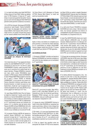 11/ Le match est indécis entre Noël RAFFOUX
(Poitou Anjou) et Yves FINAT (Allier) qui débute
avec 7,5 PM d’avance. A l’issue du 3ème
quart-
temps, le score est quasiment de parité. Tout se
joue sur la fin et le fort attaquant Noël RAFFOUX
parvient à faire pencher la balance en sa faveur.
12/ Le CCR du Limousin, Dominique LEFEVERE,
rencontre le “petit Chabal”, Patrick GUINARD.
Sur le tapis, les plaquages sont sévères et les
essais défilent, mais toujours côté Limousin ! Le
match est fini. Un sursaut d’orgueil des joueurs
de l’Ain rendra la défaite moins amère (96 à 66).
13/ Un des chocs de ce 1er
tour oppose les francs-
comtois de Joël RABINOVITCH (2èmes
en 2012,
Champions en 2013 et 3èmes
en 2014) à Jacky
CHIARAMONTI (Centre). Cette rencontre n’est
autre que la revanche de la petite finale de la
saison dernière. Philippe DONZEAU remporte
son duel contre Lucien ROUSSEAU pour
compter 7,5 PM d’avance. Patrick DUFRESNOY
et Jean-Philippe MARTINEZ rendent la monnaie
de la pièce à Adrien PEREZ et Michaël
CARMAGNAT, ce qui permet aux joueurs du
Centre d’aborder le dernier quart-temps avec
6 points d’avance. Le match se jouera sur une
Garde Sans, chutée de 1 par le capitaine franc-
comtois et passée de 2 par Jacky NOVELLO qui
a donc gagné son ticket pour le 2nd
tour.
14/ Jean-Régis BOIDIN (Nord Pas de Calais),
en dépit d’un retard de 11 points, prend vite les
devants sur Carole ESCUDERO (Loire Forez).
A la mi-temps, le match se déroule calmement et
l’avance des ch’tis est de 17 PM. Un relâchement
au 3ème
quart-temps permet aux foréziens de
revenir à -9. Le dernier acte est tendu entre
Pascal LELOIRE et David REBERGUE (23 à 23)
qui regrettera longtemps son jeu chuté de 1. La
victoire va aux nordistes sur le score de 76 à 66.
15/ Le parisien Richard JAKOB est opposé au
sarthois Gérald DEROUIN. Les franciliens
prennent le large dès le 1er
quart-temps, avec
trois bascules favorables sur des jeux tendus
(+26). La suite du match est bien gérée et la
victoire acquise sur le score de 94 à 47, avec
une belle résistance.
16/ Entre Olivier LUJIC (Bretagne) et Claude
VITTOZ (Savoie Mont Blanc), le match est
serré sur la première moitié.
Après 12 étuis, les bretons ne comptent qu’un
point d’avance. Le tournant du match intervient
au 3ème
quart-temps où Jocelyn VAUCHAMP
réussit à gagner quatre jeux de zéro ! Il creuse
un petit écart que Jérôme VITTOZ agrandira.
Les huitièmes de finale
1/ Christophe VOISINET concède une bascule à
Bertrand LEORNARD qui remet les compteurs à
zéro entre les deux équipes qui se neutralisent
au 2nd
quart-temps.
Dans le 3ème
, ça se joue à la gratte : Marc WEILL
prend 15 PM à Jean-Marc DESANTI qui n’a
remporté qu’un étui. Sur le dernier quart-temps,
Mustapha IFRAH swingue une fois Laurent
RIEDMANN, mais ça ne suffira pas pour revenir.
Les alsaciens l’emportent 61 à 49.
2/ L’équipe de Jacky CHIRAMONTI domine le
match contre Alain BLERON en remportant les
quatre quart-temps, même si c’est à chaque fois
de peu (maximum 6 PM). Elle s’impose 69 à 53.
3/ De match, il n’y aura pas franchement entre
Richard JAKOB et Noël RAFFOUX. En effet,
les franciliens prennent 21 PM au 1er
quart-temps,
puis à nouveau 33 au 2nd
. Les poitevins sont
anesthésiés et perdront sur le score de 99 à 20.
4/ C’est au départ très équilibré entre les
savoyards de Claude VITTOZ et les alsaciens
de Gilles SYDA qui partent à égalité. Benjabari
RAZANAJOHARY bascule deux fois Sébastien
VITTOZ et Gilles SYDA remporte aussi son duel
face à Claude. Le score est alors de 44 à 20. Sur
le 3ème
quart-temps, Jocelyn VAUCHAMP, obligé
de prendre des risques, chute deux jeux (aucun
chez David MARCHAND). Le match est plié.
5/ Le défi entre Florent TRIVERO et Jacques
DUCHENE est à sens unique . Dès les premiers
étuis, les lyonnais agressent les bretons et
comptabilisent 33 points d’avance à la mi-temps.
Intouchables, ils s’imposeront 99 à 43.
6/ Jean-Paul MONTROUGE entame son match
contre Bernard LANGLOIS avec 12 points
d’avance. Malheureusement, il ne reste plus rien
dès la fin du 1er
quart-temps. Aucune différence
n’est ensuite faite lorsque, tout à coup, les
aquitains reprennent 20 points, juste avant les 6
derniers jeux. Au prix d’un ultime effort, Sébastien
DEBRIS arrache la victoire en gagnant son duel
de 25 PM. Les normands seront donc en quart.
7/ A l’issue des six premières donnes, Dominique
LEFEVERE mène de 24 PM contre Jean-Régis
BOIDIN.Lesnordistesserebellent immédiatement
et font fondre comme neige au soleil l’avance de
leurs adversaires. La tendance est inversée à la
fin du 3ème
quart-temps. Sur les 6 derniers jeux,
personne ne fera la différence et c’est donc
finalement la tortue BOIDIN qui triomphe sur le
lièvre LEFEVERE (78 à 72).
8/ Le derby alléchant bourguignon a lieu : les
tenants du titre face à trois des Champions
Quadrettes D1. Jacques GAUDILLIERE et Pascal
GUERIN gagnent chacun trois jeux avec un
léger avantage pour ce dernier. Pascal JAILLOUX
et Guillaume PORCEDDU se swinguent une fois
chacun et Guigui rajoute 3,5 PM pour porter
l’avance de son équipe à 8 PM. Patrick CLAR
gagne un jeu de plus que Fabrice QUILLARD :
les lapins sont revenus à 1 point. Lors de
l’affrontement final, la différence va se faire
principalement sur un jeu. Sur l’étui 22, Eric
BAJARD annonce une Contre qu’il chute, alors
que Lionel DUCARD gagne en simple garde.
Les lapins remportent ce derby 83 à 59.
Sébastien VITTOZ, Jocelyn VAUCHAMP,
Jérôme VITTOZ face à Damien LEMOINE
1122 Vous, les participants
Patrick GUINARD et Hervé MORIN cherchant
une parade aux attaques de Dominique
LEFEVERE
Bertrand LEONARD en train de revenir au
score au 1er
quart-temps malgré la grande
concentration de Laurent RIEDMANN
Le président bourguignon Patrick DURAND ,
à droite, assiste au derby et aux attaques du
redoutable Pascal GUERIN contre les lapins
 