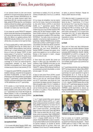 4/ Les lyonnais tenants du titre sont encore
présents et n’ont pas encore dit leur dernier mot.
Il faudra battre Christian DEPESSEVILLE du
Loire Forez qui résiste toujours après deux
quart-temps (42 à 34). Les deux suivants lui sont
fatals,perdant25PMlesdeuxfois.LesChampions
sortants continuent leur périple, ayant une pensée
pour leur coéquipier Aimé CARON qui a été obligé
de rester à la maison pour raison de santé.
5/ Les corses de Laurent PAOLETTI attaquent
encore comme des furies face aux languedociens.
A l’issue de trois quart-temps, ils ont pris le large
(80 à 49). Même si le capitaine adverse Henri
SANCHEZ redouble d’efforts, 32 à 11 sur les six
ultimes étuis, les corses iront en quart de finale.
6/ Tout le monde prédit un match assez facile à
Hugo TERRIER (Nord Pas de Calais) face à
Pascal THIERY (Seine et Marne), mais c’est loin
d’être le cas ! Le match démarre avec 16 points
bonus en faveur de l’équipe THIERY et cette
avance passe à 17 au bout du 1er
quart-temps.
Jean-Régis BOIDIN reprend 20 points et par
conséquent la tête, mais le combattif Pascal
THIERY réplique juste après (19 à 12), donnant
l’avantage et le moral aux seine-et-marnais.
L’expérimenté président du Nord, Pascal
LELOIRE, à la conquête d’un 2nd
titre en Coupe,
ne laisse aucune chance à ses ennemis (27 à 0).
7/L’équipedeLaurentFONTAN,composéeà60%
d’arbitres nationaux, rencontre les bourguignons
de Gilbert FLACELIERE. Le match est bien
embarqué pour les midi-pyrénéens qui remportent
les deux 1ers
quart-temps. L’ancien arbitre Gilbert
FAIVRE ne fait pas le poids face à trois, perdant
18 PM rédhibitoires sur le 3ème
quart-temps.
8/ On assiste à un duel fratricide entre deux
formations du comité Nièvre Yonne, celle de
Michel JUDEAU contre celle de Pierre LIEVIN.
Le 1er
quart-temps tue le moral des troupes de
Michel JUDEAU (-1 à 29). La “remontada” de 40
points semble impossible et Pierre LIEVIN la
verrouille pour s’imposer 81 à 60.
Les quarts de finale
1 / Un nouveau défi attend l’équipe LIGIER, celui
de battre Jacques CHIARAMONTI. Après un 1er
quart-temps au cordeau (10 à 10), les francs-
comtois s’envolent (26 à 13 et 31 à 7). Le défi est
réussi !
2/ A ce niveau de compétition, tous les matchs
sont d’un fort niveau, mais tout le monde attend
le choc entre Patrick LLESTA et Jean-David
DJIAN. Le 1er
quart-temps oppose Patrick
LLESTA à Olivier BOTELLA : les attaquants se
rendent coup pour coup et Olivier reprend 3 PM,
mettant ainsi les deux équipes à égalité. Jean-
David DJIAN continue sur l’impulsion donnée
par son partenaire en grattant 5 PM à Jean-Marc
ESTEOULE. Tout reste à faire et la tension est
palpable. Le tournant du match se passe au 3ème
quart-temps : Nathalie TRIVERO chute une Garde
Contre alors qu’Arthur LLESTA gagne en Sans.
Les bordelais sont désormais devant, seulement
de 8 points, donc rien n’est joué. Les deux
attaquants que sont Hervé SAUBUSSE et
Nicolas PORRET ne laissent rien passer, et les
quatre étuis gagnés sur six ne suffisent pas à
Nicolas à faire basculer le match. L’équipe
DJIAN s’incline 54 à 59.
3/ Sans doute très craintifs des corses qui
depuis le début sont très redoutables et en
confiance, Hugo TERRIER et les siens ne vont
faire qu’une bouchée de Laurent et Michèle
PAOLETTI, Sabrina PIERI et Michel CHAPELLE
qui paraissaient pourtant intouchables. Le score
est sans appel : 101 à 24.
4/ Dans la lutte contre Pierre LIEVIN, Laurent
FONTAN mène de 24 points à la mi-temps. Un
Petit au bout pris par Jean-Claude ROUGE
lors du 3ème
quart-temps, sans doute dû à une
accumulation de fatigue, permet à l’équipe de la
Nièvre de garder espoir (19 à 5). Il subsiste un
brin de fébrilité dans ce match et les nivernais
vont se montrer plus forts. Leur capitaine prend
20 points à la gratte à Thierry DELERIS et
renverse la situation.
Les demi-finales
1 / Le 1er
match promet d’être serré, opposant
Pascal LIGIER à Patrick LLESTA. Le 1er
quart-
temps ne fait qu’accentuer ce sentiment : Sullivan
GAILLARDET l’emporte 8 à 7 et mène 18 à 10.
Le fils de Patrick attaquerait-il mieux que son
père ? L’avenir nous le dira… Et en effet, Arthur
gagne son face à face contre Thierry BECAM de
2 PM. L’écart se réduit (38 à 33). Au 3ème
quart-
temps, prime à la jeunesse, Raph CARMAGNAT
remporte son duel face à Jean-Marc ESTEOULE
19 à 7. L’équipe LIGIER mène de 17 PM à
présent. Hervé SAUBUSSE va devoir cravacher,
ce qu’il pense d’ailleurs avoir accompli après ses
six donnes d’attaque. Le résultat du dernier
quart-temps est bien en sa faveur, mais il est
insuffisant (13 à 4). Pour la 2nde
année consécutive
et après un parcours héroïque, l’équipe de
Pascal LIGIER retourne en finale.
2/ En début de match, le suspense est à son
comble entre Hugo TERRIER et Pierre LIEVIN.
Après les deux 1ers
quart-temps, 17 à 12 pour
les nivernais et 19 à 11 pour les ch’tis, l’issue du
match est incertaine. Pierre LIEVIN a un léger
avantage de 8 PM à la mi-temps. Au 3ème
quart-
temps, tout chavire : l’équipe de la Nièvre subit
entre autres une bascule (1 à 21) et perd ainsi
l’ascendant (42 à 54). Un swing défavorable
pour Giuseppe CAMPISI (-72 à +108) rend
impossible la victoire. Les ch’tis sont eux aussi
de nouveau en finale.
La finale
Nous voici en finale avec deux talentueuses
formations, avec une mention spéciale à l’équipe
LIGIER qui a éliminé tour à tour les grosses
cylindrées BERTHONECHE, DAUER, JAKOB,
CHIARAMONTI et LLESTA, un tirage de “ouf”
dira le 1er
jeune français ! Les francs-comtois
souhaitent monter sur la plus haute marche cette
année après leur superbe 2ème
place à Boulogne.
Les nordistes veulent quant à eux confirmer leur
triomphe de 2015.
Le 1er
quart-temps est tendu, bien que Stéphane
SOTTYaitréussiàbasculer.SullivanGAILLARDET
ne s’est pas laissé faire à la gratte. Il perd le
quart-temps d’un point seulement et garde le
commandement 20 à 12. C’est au tour de
Thierry BECAM d’affronter Jean-Régis BOIDIN.
Un nouveau swing est enregistré pour les ch’tis,
mais cette fois, Jean-Régis BOIDIN gratte aussi
(17 à 3). L’équipe TERRIER passe alors en tête
29 à 24. Le 3ème
quart-temps oppose les “jeunots”
de chaque équipe. Le plus expérimenté, Hugo
TERRIER, prend légèrement le dessus sur
Raphaël CARMAGNAT (11 à 8). Tout peut encore
arriver, 8 points séparent les deux équipes.
Tout se jouera sur le dernier quart-temps,
Pascal contre Pascal, LIGIER contre LELOIRE,
qui doivent avoir beaucoup de pression… Pascal
LIGIER gratte sur 4 étuis (17 PM), mais chute
deux jeux que sa défense laisse passer à
“Cacal”.
Du très grand NIVAULT au 1er
quart-temps,
même si Jean-Claude ROUGE est sceptique !
La jeunesse illumine la finale ! Bravo à Hugo
TERRIER et Raphaël CARMAGNAT.
3322 Vous, les participants
 