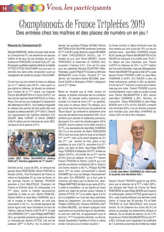 Résumé du Championnat D1
Michaël DEBIESSE, arbitre principal cette année
du Championnat D1, est assisté de son épouse
Valérie et de deux de ses disciples de yam’s,
Guillaume PORCEDDU et David GUILLOT. Les
63 équipes qualifiées espèrent détrôner la triplette
VITTOZ-VITTOZ-VAUCHAMP qui joue pour la
dernière fois dans cette composition suite au
changement de comité de Jocelyn VAUCHAMP.
Ce sont eux qui s’en sortent le mieux en attaque
sur la 1ère
séance avec 62,9%, mais ayant un
peu pêché en défense, ils doivent se contenter
pour l’instant de la 11ème
place. Les migrants
Patrick BAUMGARTEN et Franck DUPUY ont
bien fait de rejoindre Noël RAFFOUX en Poitou
Anjou. Ce sont eux qui s’adjugent le classement
des défenseurs à 68,4%. Une meilleure régularité
en attaque leur permet de faire partie des trois
équipes au-dessus des 60% (3èmes
à 60,1). Devant
eux apparaissent les habitués alsaciens Eric
DAUER, Malik FARHAT et Olivier ZIMBER
à 60,2% battus par les nivernais de Julien BEZ,
vainqueurs de la séance à 61%.
Derrière ce trio, à plus de 59%, on retrouve les
picards Steve ROEDSENS, Olivier PORTKA et
Nicolas LAVAL, Vice-Champions de France ici
même en Quadrettes D1 au mois de février, et
les lyonnais Florent et Nathalie TRIVERO
associés à Cyril MALERGUE, Champion de
France en Donnes Libres. En embuscade, à la
7ème
place, pointe la triplette vauclusienne
repêchée la veille au soir. Michel PAWLISZ,
Rachid HAOUI et Jean-Marc CHARRAS, qui a
fait le voyage le matin même, ne sont pas
mécontents à 58,1% ! Le comité Aquitaine fait
bonne figure avec deux formations en haut de
l’affiche, celle de Patrick LLESTA (9ème
) et celle
d’Eric BRIZARD (12ème
). Jean-Philippe MARTINEZ
(Ain), qui souhaite conserver sa place de numéro
un menacée par Jérôme VITTOZ, s’en sort de
justesse (28ème
à 50,9%). Sur le podium l’an
dernier, les azuréens Philippe ACHAB, Fabrice
MATTERA et Eric DALPHIN continuent l’aventure
(31èmes
à 49,8%) juste devant le couple GRUMIER
et Didier CHOUZENOUX (49,6%). Les 1ers
recalés du jour sont Hervé BENOIT, Aurore
PORCEDDU et Gwenned LE VISAGE (Ain)
auxquels il manque 0,4%. C’en est fini aussi
pour les capitaines Renaud COURTNEY (Midi-
Pyrénées),LaurentPAOLETTI(Corse)ouAthmane
BENNACER (Loire Forez). Pourtant 2nds
l’an
dernier, les franciliens Kamel BOUSBA, Jean-
David DJIAN et Mustapha IFRAH n’atteignent
pas la 2ème
phase.
Moins en réussite que la veille, surtout en
attaque, la triplette nivernaise doit se contenter
de 48%. Ce résultat suffira néanmoins pour
accéder à la finale de lundi (12ème
au général),
mais avec un sérieux retard ! En attaque, ça a
par contre très bien tourné pour les poitevins de
“Boum Boum” qui enlèvent le classement ainsi
que celui de séance avec seulement 59%. Ils en
profitent pour prendre le leadership provisoire,
devançant d’un point les strasbourgeois d’Eric
DAUER, encore auteurs d’une belle manche à
57,7%. Les vauclusiens de Jean-Marc CHARRAS
(56,7%) et les picards de Steve ROEDSENS
(55%) sont eux aussi dans le coup et se hissent
3èmes
et 4èmes
, bien qu’ils soient éloignés de 3%
des 2nds
. Les tenants du titre, grâce à leur
prestation du jour à 56,7%, remontent à la 5ème
place. Les gens du Nord, Jean-Régis BOIDIN,
Hugo TERRIER et Stéphane SOTTY, timides au
départ (53,6%), ont profité de ce 2ème
tournoi
(57,6%) pour se replacer. Ils sont 7èmes
devant
Florent TRIVERO et Patrick LLESTA qui n’ont
pas fait une séance mirobolante (52%). Grâce à
une bonne réaction à 56,7%, Philippe ACHAB
entre 13ème
en finale, contrairement à Gérard
GRUMIER qui n’a pu se rattraper. Heureusement
bien parti, Eric BRIZARD, qui a tout juste la
moyenne, est retenu pour le dernier tour. Jean-
PhilippeMARTINEZestdansunjoursans(47,6%).
Il quitte la compétition, ce qui signifie qu’il peut
perdre son statut de premier joueur français si
Jérôme VITTOZ, 5ème
à ce stade, figure à la fin
de la compétition sur l’une des deux premières
lignes du classement. Les stars toulousaines
Frédéric DAROLLES, Romaric KERVEILLANT
et Gilles MAUREL, qui étaient quelques mois
auparavant sur la première ligne en Quadrettes,
en sont loin cette fois. Ils apparaissent sous le
trait noir, 17èmes
et premiers éliminés. Le rêve du
doublé Quadrettes-Triplettes à Vichy la même
année n’est plus qu’un lointain souvenir !
La finale connaît un début tonitruant avec les
trois leaders qui sont à plus de 70% sur les six
premiers étuis : Jean-Marc CHARRAS compte
80,9% tandis que Patrick BAUMGARTEN et Eric
DAUER se marquent à la culotte avec 70,2% !
Le départ est plus chaotique pour Patrick
LLESTA en dessous de 25% ! La 2nde
rotation
leur est moins favorable, mais pas désespérante.
Patrick BAUMGARTEN garde la tête (67%) juste
devant Florent TRIVERO à 66% et Jean-Marc
CHARRAS à 64,8%. Eric DAUER a vécu de
fortes turbulences, pointant à 48% au général.
A la fin de la 3ème
manche, le tiercé est le même,
mais pas son ordre : Florent TRIVERO a pris le
commandement, mais il reste au coude à coude
avec Patrick BAUMGARTEN à 66% devant
Jean-Marc CHARRAS à 60%. Derrière, on
s’accroche : Steve ROEDSENS et Jean-Régis
BOIDIN sont à 57% et Eric DAUER a entamé
une remontée (53%). Les six donnes suivantes
sont terribles pour Jean-Marc CHARRAS qui
chute à 50% et voit le titre s’éloigner.
Devant, Florent TRIVERO garde le cap (63%)
alors que le trésorier de la FFT a faibli (58%).
Les équipes des Hauts de France de Steve
ROEDSENS et Jean-Régis BOIDIN sont toujours
en embuscade. Jérôme VITTOZ garde espoir à
52%, mais il faudra effectuer une dernière ronde
pleine. A l’issue des 30 donnes, Flo et Nath
TRIVERO et Cyril MALERGUE sont encore
devant. Ils ont préservé leur score (63,4%) et
enlevé au passage les classements attaque et
défense. Sur le résultat de séance, ils ont 7,5%
d’avance sur Patrick BAUMGARTEN qui est 3ème
à 56%. Cet écart, avec l’application du coefficient
de 1,3, permet aux lyonnais de combler leur retard
Championnats de France Triplettes 2019
Des entrées chez les maîtres et des places de numéro un en jeu !
Julien BEZ, Gilles NAVARRO et Jérémy
GUILLET, heureux gagnants du 1er
round !
L’invité Jean-Marc CHARRAS ne créera pas
la surprise une deuxième fois !
1144 Vous, les participants
 