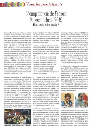 Championnat de France
Donnes Libres 2019
Et si on le rallongeait ?
Monsieur le Maire l’avait annoncé : “On jouera au Tarot
à Pontarlier dès le jeudi après-midi et on proposera
un tournoi aux aînés locaux”. Ces derniers ont répondu
favorablement à l’appel lancé par Patrick GENRE lors
de la remise des prix en 2018. Grâce à une forte
mobilisation et un démarchage important auprès des
seniors de la région, les membres du club Atouts
Maîtres de Pontarlier ont pu réunir 184 participants.
Merci et bravo à eux pour leur investissement. Ce
concours a été approuvé par les anciens qui ont
découvert la manifestation et la bonne ambiance qui
y régnait. Pour respecter les traditions du coin, le club
pontissalien leur avait offert en fin de tournoi une
collation très appréciée. Nul doute que le Tournoi des
Clubs du 3ème
Age, c’est ainsi qu’il a été baptisé,
perdurera. La 1ère
édition a été remportée haut la main
par Monsieur Jacques ANDRE avec 2712 points.
Pour les licenciés FFT était organisé un tournoi
d’accompagnement qui réunissait déjà 148 joueurs.
Jacky MOURAUD du Centre, gagnant avec +2156,
commençait bien ce très long week-end ! Aucun jour
ne sera ajouté l’an prochain : rendez-vous donc en 2021
à Pontarlier à partir du jeudi 9 avril !
Au point de vue compétition, les choses sérieuses
commençaient le lendemain avec le sélectif. Ils
étaient, comme la fois dernière, 728 postulants à
vouloir se hisser dans les 80 premières places du
classement général pour décrocher un ticket d’entrée
au Championnat de France. Il faut plus de 900 points
pour passer. Jean-Philippe CELSE (Allier) en a pourtant
902, mais il en manque huit... Le Vice-Champion de
France 2014 occupe la 81ème
et maudite place. Son
rêve de retourner en finale s’envole. Le sympathique
autochtone Ludovic HURY, non retenu à 890 points,
ne pourra pas se faire remplacer à la buvette ! Peut-
être servira-t-il un verre au vainqueur du jour qui n’est
autre que le sarthois Mickaël VIEILLEPEAU à +2216.
Les représentants du Tarot Club de Vesoul (Franche-
Comté) ont bien fait de se déplacer en nombre : leur
président Daniel BARRET est 4ème
, le finaliste de 2005
Christophe BEUGNOT 14ème
et Christian POINSOT
41ème
. Certains invités notoires seront de la partie :
Emmanuel STEFANAZZI (33ème
), Lionel DUCARD
(40ème
), Marc LANDY (68ème
) ou encore le responsable
bourguignon Patrick DURAND (77ème
à 921 points)
pour qui il s’en est fallu de peu !
Avant le lancement des hostilités, les chefs arbitres
ValérieDEBIESSEetPatrickBAUMGARTENrappellent
le nouveau déroulement de la compétition : les divisions
de points par deux sont abolies et des coefficients
seront appliqués par séance. Le programme sera le
suivant :
- 480 joueurs (6 x 5 donnes) ; coefficient 0,233
- 240 joueurs (6 x 5 donnes) ; coefficient 0,335
- 104 joueurs (6 x 5 donnes) ; coefficient 0,402
- 52 joueurs (2 x 5 donnes) ; coefficient 0,482
- 28 joueurs (2 x 5 donnes) ; coefficient 0,579
- 16 joueurs (5 donnes) ; coefficient 0,694
- 8 joueurs (5 donnes) ; coefficient 0,833
- 4 joueurs (5 donnes) ; coefficient 1,000
Tous les points “coefficientés” de chaque tour se
cumuleront sans abattement.
La 1ère
manche voit la victoire du lyonnais Cyril
MALERGUE. Ses 2649 points réels deviennent 617,217
après l’application du coefficient de séance de 0,233.
Ses deux poursuivants ont réalisé eux aussi un beau
score : Yves DEL BURGO (Nord Pas de Calais) compte
591 points et Patrick DESBORDES (Nièvre Yonne)
552 points. Les génelardais Patrick DURAND à +235
et Lionel DUCARD à +205 vont pouvoir poursuivre
l’aventure.LesvésuliensperdentChristophe BEUGNOT
à -183. Le bien connu Marc LANDY a pris un bon
départ (+191). Celui du président de la FFT à +50 est
timide, ainsi que celui du vainqueur du sélectif à +25,
mais ces résultats sont suffisants pour passer. La
malédiction s’abat sur le club de Pontarlier puisqu’une
de ses adhérentes, Françoise ROBERT, occupe la
241ème
place éliminatoire avec 10,7 points.
Le lendemain, Françoise ROBERT fait son retour
dans la compétition suite à un désistement d’un
joueur pour problème familial. Elle saisit sa chance
cette fois, effectuant 466 points. Ce score la classe
8ème
de séance. Le vainqueur, Michel LOPEZ du
Vaucluse, a obtenu 600 points. Il devance Gérard
COPEDE du Val d’Adour et Lionel DUCARD qui
avoisinent tous deux 565 points. Des jeunes font leur
apparition : la charmante corse Sabrina PIERI a
réalisé 541 points et le picard Steve ROEDSENS aux
dents longues 484 points. Christian POINSOT est
dans le coup à +423. Marc LANDY et le leader Cyril
MALERGUE ont fait une bonne opération à 298 et
267 points. Mickaël VIEILLEPEAU (+227) et Manu
STEFANAZZI (+159) n’ont pas végété comme au 1er
tour et ils se replacent. Yves DEL BURGO et Patrick
DESBORDES ne se quittent plus. Leur score de -55
est absorbé par leur épargne de départ. Patrick
DURAND est aussi négatif, heureusement de peu (-33),
et il pourra s’assoir en 3ème
séance. Il est 97ème
pour
104 qualifiés. Daniel BARRET n’en fera pas partie,
n’ayant pas vu de jeu de l’après-midi (-412). Au
classement général, le gagnant du jour Michel
LOPEZ, qui avait déjà collecté 469 points la veille,
se détache avec un capital de 1069 points de Cyril
MALERGUE (884), Lionel DUCARD (768), Gérard
COPEDE (740) et Steve ROEDSENS (694).
Le dimanche soir, ce n’est pas la même musique pour
Michel LOPEZ et Gérard COPEDE qui marquent tous
deux -384. Le leader, grâce à son avance, peut éponger
cette perte. Ce ne sera pas le cas pour l’aturin qui
termine 54ème
et qui ne sera donc pas convoqué en
finale. Le nordiste Yves DEL BURGO, avec -160, a
échappé de peu à l’élimination, étant 49ème
. Son
capital initial l’a sauvé, contrairement au nivernais
Patrick DESBORDES (65ème
), avec qui il faisait la
course, qui a laissé trop de plumes sur cette séance
(-214). Il faut 360 points au général pour accéder au
dernier tour. Même si Mickaël VIEILLEPEAU termine
à +92 sur cette manche, il n’a collecté que 344 points,
synonyme de disqualification.
Cet illustre chanceux s’en va, mais un autre fait son
apparition. Discret jusque-là, le charentais Daniel JEAN
pulvérise le tournoi avec 994 points qui risquent de
le faire grimper très haut. Les compteurs de Lionel
DUCARD (621), Christian POINSOT (533) et Steve
ROEDSENS (492) sont jolis. Patrick DURAND fait un
retour tonitruant à +402 et se repositionne. Marc LANDY
continue son ascension (+191) et se retrouve 10ème
au général, précédent Cyril MALERGUE qui a chutéLe souriant Daniel BARRET en 1ère
séance !
Françoise ROBERT Mickaël VIEILLEPEAU
66 Vous, les participants
 