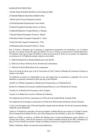 118
KABALISTICO CRISTIANO
1 Kether Hajot Ha Kadosh Serafines Corona Suprema Padre
2 Chokmah Ophanim Querubines Sabiduría Hijo
3 Binah Aralim Tronos Inteligencia Espíritu
4 Chesed Hasmalim Dominaciones Amor Intimo
5 Geburah Seraphim Potestades Justicia A. Divina
6 Tiphereth Malachim Virtudes Belleza A. Humana
7 Netzach Elohim Principados Victoria C. Mental
8 Hod Beni Elohim Arcángeles Esplendor C. Astral
9 Jesod Cherubin Angeles Fundamento C. Vital
10 Malchuth Ischim Iniciados El Reino C. Físico
Son 12 Esferas o Regiones que se penetran y compenetran mutuamente sin confundirse. Las 12 Esferas
gravitan en el átomo central del signo del Infinito. En esas 12 Esferas se desenvuelve la Humanidad Solar.
Ya habíamos dicho que el signo del Infinito se halla en el centro de la Tierra, en su corazón. Los Sephirotes
son atómicos, los 10 Sephirotes pueden reducirse a tres tablas:
1.- Tabla del Quanta de la Energía Radiante que viene del Sol.
2.- Tabla de los Pesos Atómicos de los elementos de la Naturaleza.
3.- Tabla de los Pesos Moleculares de los compuestos.
Esta es la Escala de Jacob, que va de la Tierra hasta el Cielo. Todos los Mundos de Conciencia Cósmica se
reducen a tres tablas.
Un Sephirote no puede ser comprendido en una sola región pues su naturaleza es cuádruple. Por eso los
kabalistas se expresan claramente al decir que hay Cuatro Mundos.
Aziluth: Es el Mundo Arquetípico o Mundo de las Emanaciones, es el Mundo Divino.
Beriah: Es el Mundo de la Creación, también llamado Khorcia, o sea el Mundo de los Tramos.
Yetzirah: Es el Mundo de la Formación y de los Angeles.
Assiyai: Es el Mundo de la Acción, el Mundo de la Materia.
Tres Sephirotes de la forma se encuentran en el Pilar de la Severidad (Binah, Geburah, Hod).
Tres Sephirotes de la Energía se encuentran en el Pilar de la Misericordia (Chokmah, Chesed, Netzach).
Y entre esos dos pilares está el Pilar del Equilibrio, donde están los distintos Niveles de Conciencia (Kether,
Tiphereth, Jesod, Malchuth).
Todos los 10 Sephirotes conocidos, devienen de Sephira, la Madre Divina que reside en el Templo Corazón;
IO es el mantram de la Madre Divina y son 10 las Emanaciones de la Prakriti, es decir, los 10 Sephirotes
Kether es el Padre en nosotros, un Hálito del Absoluto para sí mismo profundamente ignoto. Kether es el
Anciano de los Días, y cada uno de nosotros es en el fondo un bendito Anciano de los Días. Chokmah es el
Hijo, El Cristo Atómico en nosotros. Binah es la Madre en nosotros, el Espíritu Santo en nosotros.
Kether, Chokmah y Binah, son nuestra Corona Sephirótica.
 