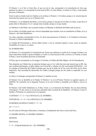 150
El Número 1 es el Sol, el Astro Rey, el que nos da la vida, corresponde a la constelación de Aries que
gobierna la cabeza. Le corresponde la nota musical DO y el color Blanco, el metal es el Oro y como piedra
preciosa el Diamante.
Entre los plexos donde están los Chakras se le atribuye al Número 1 el Cardias, porque si el corazón deja de
funcionar hay muerte, por eso es el Número Uno.
El Número 1 es la Sabiduría del Padre, es la Corona, porque el Anciano de los Días es el Rey, el que lleva el
poder sobre la Naturaleza. Es el 1 porque tiene el poder, porque es el que manda.
La Sabiduría es del Padre; uno no puede enseñar a la Mónada, la Sabiduría del Padre todo lo prevee.
Por no faltar a la Piedad, puede uno volverse despiadado pues muchas veces no entendemos al Padre, él es el
Número 1 del Arbol Kabalístico.
Las ideas originales corresponden al Uno. Es obvio que pertenecen al Número 1: la Voluntad, la Iniciativa
Personal, el Animo Emprendedor.
La Unidad del Pensamiento y Acción deben formar 1 con la voluntad original y tesón, como un impulso
formidable en lo que se va a hacer.
EL NUMERO DOS
Al Número 2 le corresponde la Constelación de Taurus que gobierna el cuello de la Laringe Creadora, ese
útero maravilloso donde se gesta la Palabra, el Verbo. La nota musical es RE, el color es el Violeta, el metal
la Plata, y entre las piedras preciosas la Esmeralda.
El Plexo que le corresponde es el Laringeo, la Tiroides, el Chakra del Oido Mágico, de la Clariaudiencia.
Para despertar ese Chakra hay un mantram laringeo que es la E, debe dar una nota musical que es RE, hay
que vocalizar diariamente, se debe inhalar con la nota RE y exhalar con ella vocalizando EEEEEEEE... Así
se consigue el desarrollo del Chakra Laringeo que nos da el poder de oir las voces del Ultra, de los Seres
Superiores. Hay necesidad de desarrollar ese Chakra Laríngeo porque de otro modo es imposible oir esos
sonidos.
La linfa y el estómago corresponden al Número 2, también la Luna.
El Número Uno se desdobla en la Duada. El Número 2 es en la Primera Trimurti su segundo aspecto, el
CRISTO. No confundir con la Segunda Trimurti, en la cual el Padre se desdobla en la Madre y está en el
Niño.
El Número 2 del Arbol Kabalístico es el Hijo, Cristo y es el Instructor del Mundo. Por eso decía Hermes
Trismegisto: "Te doy Amor en el cual esta contenido todo el sumum de la Sabiduría". El Número 2 tiene 32
Sendas y 50 Puertas. La explicación es la siguiente:
32 SENDAS = 3 + 2 = 5 (LA PENTALFA, EL HOMBRE)
50 PUERTAS = 5 + 0 = 5 (LA PENTALFA, EL HOMBRE)
SUMEMOS LOS RESULTADOS 5 + 5 = 10
10 = 1 + 0 = 1
En el 0 están los Principios Masculino y Femenino, el fundamento del Amor a través del Sexo.
LA MADRE DIVINA, LA MADRE COSMICA
INFINITO
PENTALFA
5 + 5 = 10 Queda Reducido Así = (EL HOMBRE)
 