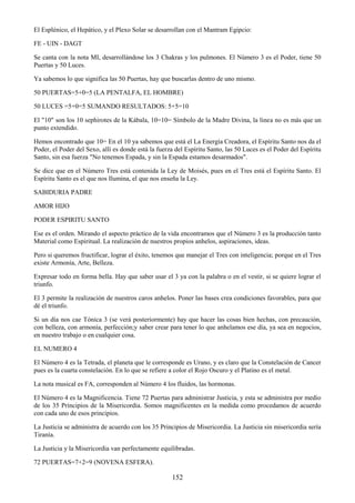 152
El Esplénico, el Hepático, y el Plexo Solar se desarrollan con el Mantram Egipcio:
FE - UIN - DAGT
Se canta con la nota MI, desarrollándose los 3 Chakras y los pulmones. El Número 3 es el Poder, tiene 50
Puertas y 50 Luces.
Ya sabemos lo que significa las 50 Puertas, hay que buscarlas dentro de uno mismo.
50 PUERTAS=5+0=5 (LA PENTALFA, EL HOMBRE)
50 LUCES =5+0=5 SUMANDO RESULTADOS: 5+5=10
El "10" son los 10 sephirotes de la Kábala, 10=10= Símbolo de la Madre Divina, la linea no es más que un
punto extendido.
Hemos encontrado que 10= En el 10 ya sabemos que está el La Energía Creadora, el Espíritu Santo nos da el
Poder, el Poder del Sexo, allí es donde está la fuerza del Espíritu Santo, las 50 Luces es el Poder del Espíritu
Santo, sin esa fuerza "No tenemos Espada, y sin la Espada estamos desarmados".
Se dice que en el Número Tres está contenida la Ley de Moisés, pues en el Tres está el Espíritu Santo. El
Espíritu Santo es el que nos Ilumina, el que nos enseña la Ley.
SABIDURIA PADRE
AMOR HIJO
PODER ESPIRITU SANTO
Ese es el orden. Mirando el aspecto práctico de la vida encontramos que el Número 3 es la producción tanto
Material como Espiritual. La realización de nuestros propios anhelos, aspiraciones, ideas.
Pero si queremos fructificar, lograr el éxito, tenemos que manejar el Tres con inteligencia; porque en el Tres
existe Armonía, Arte, Belleza.
Expresar todo en forma bella. Hay que saber usar el 3 ya con la palabra o en el vestir, si se quiere lograr el
triunfo.
El 3 permite la realización de nuestros caros anhelos. Poner las bases crea condiciones favorables, para que
dé el triunfo.
Si un día nos cae Tónica 3 (se verá posteriormente) hay que hacer las cosas bien hechas, con precaución,
con belleza, con armonía, perfección;y saber crear para tener lo que anhelamos ese día, ya sea en negocios,
en nuestro trabajo o en cualquier cosa.
EL NUMERO 4
El Número 4 es la Tetrada, el planeta que le corresponde es Urano, y es claro que la Constelación de Cancer
pues es la cuarta constelación. En lo que se refiere a color el Rojo Oscuro y el Platino es el metal.
La nota musical es FA, corresponden al Número 4 los fluidos, las hormonas.
El Número 4 es la Magnificencia. Tiene 72 Puertas para administrar Justicia, y esta se administra por medio
de los 35 Principios de la Misericordia. Somos magnificentes en la medida como procedamos de acuerdo
con cada uno de esos principios.
La Justicia se administra de acuerdo con los 35 Principios de Misericordia. La Justicia sin misericordia sería
Tiranía.
La Justicia y la Misericordia van perfectamente equilibradas.
72 PUERTAS=7+2=9 (NOVENA ESFERA).
 