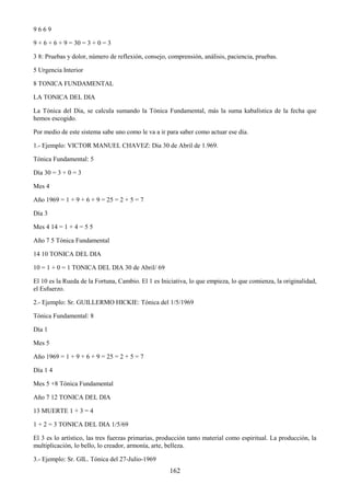 162
9 6 6 9
9 + 6 + 6 + 9 = 30 = 3 + 0 = 3
3 8: Pruebas y dolor, número de reflexión, consejo, comprensión, análisis, paciencia, pruebas.
5 Urgencia Interior
8 TONICA FUNDAMENTAL
LA TONICA DEL DIA
La Tónica del Dia, se calcula sumando la Tónica Fundamental, más la suma kabalística de la fecha que
hemos escogido.
Por medio de este sistema sabe uno como le va a ir para saber como actuar ese día.
1.- Ejemplo: VICTOR MANUEL CHAVEZ: Dia 30 de Abril de 1.969.
Tónica Fundamental: 5
Día 30 = 3 + 0 = 3
Mes 4
Año 1969 = 1 + 9 + 6 + 9 = 25 = 2 + 5 = 7
Día 3
Mes 4 14 = 1 + 4 = 5 5
Año 7 5 Tónica Fundamental
14 10 TONICA DEL DIA
10 = 1 + 0 = 1 TONICA DEL DIA 30 de Abril/ 69
El 10 es la Rueda de la Fortuna, Cambio. El 1 es Iniciativa, lo que empieza, lo que comienza, la originalidad,
el Esfuerzo.
2.- Ejemplo: Sr. GUILLERMO HICKIE: Tónica del 1/5/1969
Tónica Fundamental: 8
Día 1
Mes 5
Año 1969 = 1 + 9 + 6 + 9 = 25 = 2 + 5 = 7
Día 1 4
Mes 5 +8 Tónica Fundamental
Año 7 12 TONICA DEL DIA
13 MUERTE 1 + 3 = 4
1 + 2 = 3 TONICA DEL DIA 1/5/69
El 3 es lo artístico, las tres fuerzas primarias, producción tanto material como espiritual. La producción, la
multiplicación, lo bello, lo creador, armonía, arte, belleza.
3.- Ejemplo: Sr. GIL. Tónica del 27-Julio-1969
 