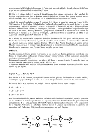 65
se enroscan en la Médula Espinal formando el Caduceo de Mercurio, el Ocho Sagrado, el signo del Infinito
y que son conocidos en el Oriente como Ida y Píngala.
El Ocho es el Número de Job, el hombre de Santa Paciencia. Este número representa la vida y sacrificio de
Job que es el camino que lleva el Iniciado hasta el Nacimiento Segundo. Las pruebas son muy duras;
necesitamos la Paciencia del Santo Job, sin ella es imposible que se pueda hacer ese Trabajo.
A Job le dio una enfermedad grave (cap. 2, versículo 9) (a Lázaro se le podrían sus carnes; (Lucas 16: 19-
31), los amigos de Job, Eliphaz, Bildad y Zophar (los Tres Traidores del Cristo Interno) le decían: "si tú eres
amigo de Dios, ¿por qué no protestas?"; él decía: "el Señor dio, el Señor quitó" (1:21). El Número de Job es
Paciencia y Mansedumbre, ahí está el camino para "Pudrirnos". Lo atestigua la Biblia original que incluye
las obras de la Eneida, Odisea y Macabeos, ejemplares de dicha Biblia se encuentran en el Museo de
Londres, en el Vaticano y el Museo de Washington. La Biblia moderna es un cadáver. La Biblia es un
Arcano, en Salmos Capítulo XIX trata sobre el Tarot.
En el Arcano No. 8 se encierran las Pruebas Iniciáticas. Cada Inciación, cada grado tiene sus pruebas. Las
Pruebas Iniciáticas son cada vez más exigentes de acuerdo al Grado Iniciático. El Número Ocho es el Grado
de Job, este signo, este número significa Pruebas y Dolores. Las Pruebas Iniciáticas se realizan en los
Mundos Superiores y en el Mundo Físico. Las pruebas de la Iniciación son muy terribles. Se necesita una
Gran Paciencia para no caer en el Abismo. Somos probados muchas veces.
SÍNTESIS:
Cuando nuestros discípulos quieran pedir auxilio a los Señores del Karma, pintan una Estrella de Seis
Puntas en el suelo, abren los brazos en forma de balanza y los mueven hacia arriba y hacia abajo, teniendo la
mente concentrada en Anubis.
Entonces podemos pedir mentalmente a los Señores del Karma el servicio deseado. Al mover los brazos en
forma de balanza, vocalícense las sílabas: NI, NE, NO, NU, NA.
Así es como podemos pedir auxilio a los Señores del Karma, en los momentos de necesidad o peligro. Todo
crédito hay que pagarlo.
Capítulo XXXI ARCANO No. 9
Este Arcano es el del Ermitaño, se le presenta con un anciano que lleva una lámpara en su mano derecha,
esta lámpara hay que subirla para hacer luz en la Senda, hay que levantarla, subirla en alto para iluminar.
El Número Nueve, si se multiplica con cualquier número dígito da siempre nueve. Ejemplo:
2 x 9 = 18 1 + 8 = 9
4 x 9 = 36 3 + 6 = 9
5 x 9 = 45 4 + 5 = 9
Esto resulta interesantísimo, existen 9 Círculos Infernales dentro del interior de la Tierra, desde la epidermis
de la Tierra hasta el interior se puede decir que hay Nueve Universos Paralelos Infernales que van hasta el
corazón mismo de la Tierra, quedando el Círculo Noveno en el centro de la Tierra; estos Nueve Círculos son
las 9 Regiones Demoníacas o Diabólicas. También existen 9 Círculos Superiores que en ocultismo se
denominan los 9 Cielos, esos 9 Cielos podemos representarlos con los 9 Planetas:
 
