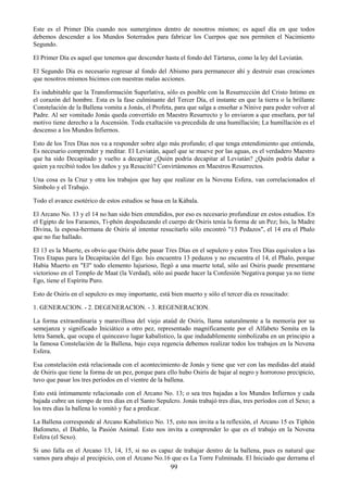 99
Este es el Primer Día cuando nos sumergimos dentro de nosotros mismos; es aquel día en que todos
debemos descender a los Mundos Soterrados para fabricar los Cuerpos que nos permiten el Nacimiento
Segundo.
El Primer Día es aquel que tenemos que descender hasta el fondo del Tártarus, como la ley del Leviatán.
El Segundo Día es necesario regresar al fondo del Abismo para permanecer ahí y destruir esas creaciones
que nosotros mismos hicimos con nuestras malas acciones.
Es indubitable que la Transformación Superlativa, sólo es posible con la Resurrección del Cristo Intimo en
el corazón del hombre. Esta es la fase culminante del Tercer Día, el instante en que la tierra o la brillante
Constelación de la Ballena vomita a Jonás, el Profeta, para que salga a enseñar a Nínive para poder volver al
Padre. Al ser vomitado Jonás queda convertido en Maestro Resurrecto y lo enviaron a que enseñara, por tal
motivo tiene derecho a la Ascensión. Toda exaltación va precedida de una humillación; La humillación es el
descenso a los Mundos Infiernos.
Esto de los Tres Días nos va a responder sobre algo más profundo; el que tenga entendimiento que entienda,
Es necesario comprender y meditar. El Leviatán, aquel que se mueve por las aguas, es el verdadero Maestro
que ha sido Decapitado y vuelto a decapitar ¿Quién podría decapitar al Leviatán? ¿Quién podría dañar a
quien ya recibió todos los daños y ya Resucitó? Convirtámonos en Maestros Resurrectos.
Una cosa es la Cruz y otra los trabajos que hay que realizar en la Novena Esfera, van correlacionados el
Símbolo y el Trabajo.
Todo el avance esotérico de estos estudios se basa en la Kábala.
El Arcano No. 13 y el 14 no han sido bien entendidos, por eso es necesario profundizar en estos estudios. En
el Egipto de los Faraones, Ti-phón despedazando el cuerpo de Osiris tenía la forma de un Pez; Isis, la Madre
Divina, la esposa-hermana de Osiris al intentar resucitarlo sólo encontró "13 Pedazos", el 14 era el Phalo
que no fue hallado.
El 13 es la Muerte, es obvio que Osiris debe pasar Tres Días en el sepulcro y estos Tres Días equivalen a las
Tres Etapas para la Decapitación del Ego. Isis encuentra 13 pedazos y no encuentra el 14, el Phalo, porque
Había Muerto en "El" todo elemento lujurioso, llegó a una muerte total, sólo así Osiris puede presentarse
victorioso en el Templo de Maat (la Verdad), sólo así puede hacer la Confesión Negativa porque ya no tiene
Ego, tiene el Espíritu Puro.
Esto de Osiris en el sepulcro es muy importante, está bien muerto y sólo el tercer día es resucitado:
1. GENERACION. - 2. DEGENERACION. - 3. REGENERACION.
La forma extraordinaria y maravillosa del viejo ataúd de Osiris, llama naturalmente a la memoria por su
semejanza y significado Iniciático a otro pez, representado magníficamente por el Alfabeto Semita en la
letra Samek, que ocupa el quinceavo lugar kabalístico, la que indudablemente simbolizaba en un principio a
la famosa Constelación de la Ballena, bajo cuya regencia debemos realizar todos los trabajos en la Novena
Esfera.
Esa constelación está relacionada con el acontecimiento de Jonás y tiene que ver con las medidas del ataúd
de Osiris que tiene la forma de un pez, porque para ello hubo Osiris de bajar al negro y horroroso precipicio,
tuvo que pasar los tres períodos en el vientre de la ballena.
Esto está íntimamente relacionado con el Arcano No. 13; o sea tres bajadas a los Mundos Infiernos y cada
bajada cubre un tiempo de tres días en el Santo Sepulcro. Jonás trabajó tres días, tres períodos con el Sexo; a
los tres días la ballena lo vomitó y fue a predicar.
La Ballena corresponde al Arcano Kabalístico No. 15, esto nos invita a la reflexión, el Arcano 15 es Tiphón
Bafometo, el Diablo, la Pasión Animal. Esto nos invita a comprender lo que es el trabajo en la Novena
Esfera (el Sexo).
Si uno falla en el Arcano 13, 14, 15, si no es capaz de trabajar dentro de la ballena, pues es natural que
vamos para abajo al precipicio, con el Arcano No.16 que es La Torre Fulminada. El Iniciado que derrama el
 
