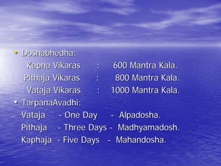 • Doshabhedha:
      Kapha Vikaras     :  600 Mantra Kala.
     Pithaja Vikaras    :  800 Mantra Kala.
      Vataja Vikaras    : 1000 Mantra Kala.
•   TarpanaAvadhi:
    Vataja     - One Day  - Alpadosha.
    Pithaja - Three Days - Madhyamadosh.
    Kaphaja - Five Days - Mahandosha.
 