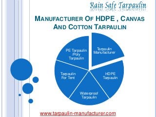 MANUFACTURER OF HDPE , CANVAS
AND COTTON TARPAULIN
Tarpaulin
Manufacturer
HDPE
Tarpaulin
Waterproof
Tarpaulin
Tarpaulin
For Tent
PE Tarpaulin
/Poly
Tarpaulin
www.tarpaulin-manufacturer.com
 