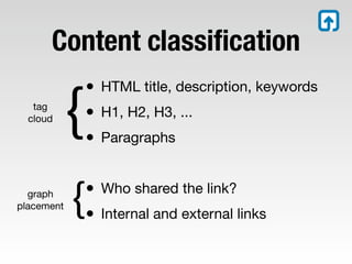 Content classiﬁcation
                • HTML title, description, keywords
   tag
  cloud
            {   • H1, H2, H3, ...
                • Paragraphs

  graph
placement   {   • Who shared the link?
                • Internal and external links
 