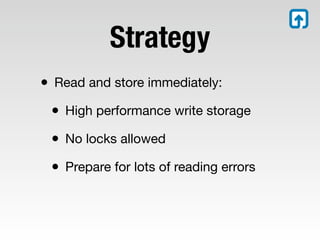 Strategy
• Read and store immediately:
 • High performance write storage
 • No locks allowed
 • Prepare for lots of reading errors
 