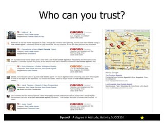 Who can you trust?
ByronU A degree in Attitude, Activity, SUCCESS!
Using internet sites to create first contact with a
prospect in order to develop relationships
with people.
 