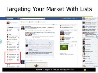 Organize you friends into lists
Facebook generated lists
Personally generated lists
Targeting Your Market With Lists
ByronU A degree in Attitude, Activity, SUCCESS!
 