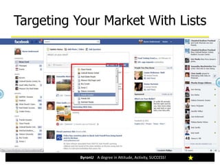 Organize you friends into lists
Facebook generated lists
Personally generated lists
Targeting Your Market With Lists
ByronU A degree in Attitude, Activity, SUCCESS!
 