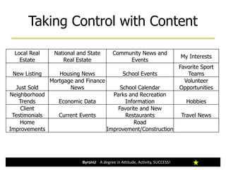 Taking Control with Content
ByronU A degree in Attitude, Activity, SUCCESS!
Local Real
Estate
National and State
Real Estate
Community News and
Events
My Interests
New Listing Housing News School Events
Favorite Sport
Teams
Just Sold
Mortgage and Finance
News School Calendar
Volunteer
Opportunities
Neighborhood
Trends Economic Data
Parks and Recreation
Information Hobbies
Client
Testimonials Current Events
Favorite and New
Restaurants Travel News
Home
Improvements
Road
Improvement/Construction
 