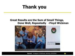 Thank you
ByronU A degree in Attitude, Activity, SUCCESS!
Great Results are the Sum of Small Things,
Done Well, Repeatedly -Floyd Wickman
 