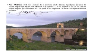 • Pont d'Alcántara: Pont més destacat de la península, situat a Càceres. Aquest passa per sobre del
riu més llarg: el Tajo. Aquest pont està datat en el segle I d.C. i el seu enginyer va ser Gai Juli Lacer. És
un pont de granit que consta de sis arcs i cinc pilars, té una longitud de 214 metres i una alçada màxima de
14 metres.
 