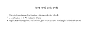 Pont romà de Mèrida
• El llarguíssim pont sobre el riu Guadiana a Mèrida és obra del S. I a. C.
• La seva longitud és de 792 metres i té 62 arcs
• Ha patit destruccions parcials i restauracions, però encara conserva trams de gran autenticitat romana.
 