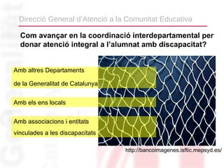 Direcció General d’Atenció a la Comunitat Educativa

  Com avançar en la coordinació interdepartamental per
  donar atenció integral a l’alumnat amb discapacitat?


Amb altres Departaments

de la Generalitat de Catalunya


Amb els ens locals


Amb associacions i entitats
vinculades a les discapacitats

                                 http://bancoimagenes.isftic.mepsyd.es/
 
