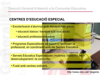Direcció General d’Atenció a la Comunitat Educativa


CENTRES D’EDUCACIÓ ESPECIAL

 • Escolarització d’alumnat amb discapacitats greus:
     • educació bàsica i transició a la vida adulta
     • educació professionalitzadora

 • Programes Especialitzats de suport a l’alumnat i al
 professorat, en coordinació amb els Serveis Educatius

 • Serveis Educatius Especialitzats (motòrics i trastorns del
 desenvolupament i la conducta)

 • Fusió amb centres ordinaris

                                                http://www.xtec.cat/~jlagares
 