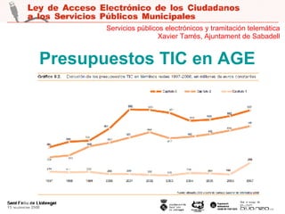 Presupuestos TIC en AGE Servicios públicos electrónicos y tramitación telemática Xavier Tarrés, Ajuntament de Sabadell 