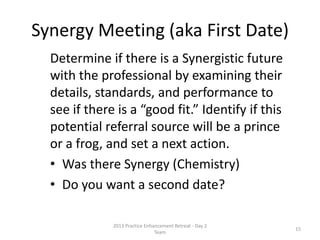 • Have attorney do a brain dump after the meeting. You need
personal details as well as professional details.
• Have the attorney “rank” the professional. Are they a
prospective “My Ten” or “My Key” or do they just go on your
mailing list?
• Get follow up actions/next actions from attorney.
• Follow up to make sure they attend workshop and send over
two case samples to do an Asset Protection Analysis Letter.
• Be their blind spot and support them.
• Use the 5 Questions handout.
After Meeting
Figure Out What Works For You
Both!
Relationship Management System: The Role of the Professional Services Coordinator15 © 2014 Lawyers with Purpose, LLC
 