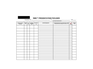 For the RMS portion of your Weekly Marketing
Meeting you will need:
• This week and next week’s Relationship Meeting
Focusers:
 The first documents the results of this week’s RMS
efforts.
 The second identifies ALL RMS™ meetings in the coming
week.
• Your “My 10” focuser
• Your monthly marketing calendar(s)
Weekly Marketing Meeting
© 2014 Lawyers with Purpose, LLCRelationship Management System: The Role of the Professional Services Coordinator22
 