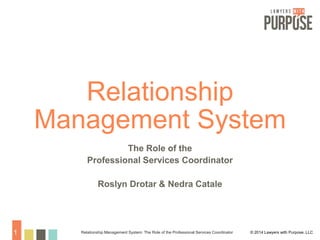 Relationship
Management System
The Role of the
Professional Services Coordinator
Roslyn Drotar & Nedra Catale

1

Relationship Management System: The Role of the Professional Services Coordinator

© 2014 Lawyers with Purpose, LLC

 