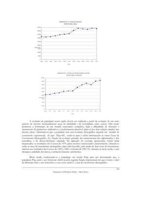 G R Á F IC O 5 - EV O L U Ç Ã O D A
                                                                               P O N TE D E L IM A

                 4500 0

                 4000 0


                 3500 0

                 3000 0

                 2500 0


                 2000 0
             População
                 1500 0

                 1000 0


                  5000

                     0
                      18 64           1 878    1 890    190 0    191 1    19 20     1 930    194 0    19 50    1 960    1 970    198 1    199 1

                                                                                    Anos




                                                                G R Á F IC O 6 - E V O L U Ç Ã O D A P O P U L A Ç Ã O
                                                                                  V IA N A D O C A S T E L O
                          90000


                          80000


                          70000


                          60000


                          50000


                          40000

                   P o p u la ç ã o
                          30000


                          20000


                          10000


                                 0

                                  1864        1878     1890     1900     191       1920     1930     1940     1950     1960     1970     1981     1991

                                                                                            A nos




         A evolução da população numa região deverá ser explicada a partir da evolução de um certo
número de factores (nomeadamente taxas de natalidade e de mortalidade, entre outros). Não sendo
pertinente a formulação de um modelo matemático complexo, dada a dificuldade de obtenção e
ajustamento de parâmetros explicativos, é perfeitamente plausível optar-se por uma solução simples mas
decerto eficaz. Admitindo-se que a população terá uma evolução demográfica segundo um modelo de
crescimento exponencial, do tipo Pop=abt, tendo-se para o efeito determinado as várias Taxas de
Crescimento Demográfico (C), função da evolução passada, das características dos aglomerados e dos
concelhos, e do desenvolvimento esperado. Na aplicação do exemplo apresentado, foram ainda
desprezados os resultados dos Censos de 1970, pelos motivos mencionados anteriormente, obtendo-se
então as taxas de crescimento demográfico, para cada concelho, pela média de duas taxas de crescimento,
relativas aos resultados dos Censos de 1930 a 1960 e à década de 1981/91, obtendo-se deste modo, e sem
deturpar a realidade dos factos, correlações bastante satisfatórias.

         Deste modo, conhecendo-se a população em estudo Pop0 para um determinado ano, a
população Popn para o ano horizonte obtém-se pela seguinte função exponencial, em que n toma o valor
da diferença entre o ano horizonte e o ano zero, sendo C a taxa de crescimento demográfico:

                                                                                                                                                         106
                                                       Tratamento de Resíduos Sólidos - Mário Russo
 
