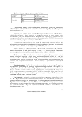 Quadro 8.1 - Electrões receptores típicos em reacções biológicas.
    Ambiente             Electrão                      Processo
    Aeróbio              O2                            Metabolismo aeróbio
                         NO3-                          Desnitrificação
    Anaeróbio            SO42-                         Redução de sulfato
                         CO2                           Metanogénese



       Fase III: fase ácida - como já referido, esta fase inicia-se na fase terminal anterior, com a produção do
CH4 (metano), mas acelera verdadeiramente com a actividade microbiana de produção de ácidos orgânicos e
menores quantidades de H2.

        O primeiro passo desta fase envolve a hidrólise dos componentes de maior massa molecular (lípidos,
polissacarídeos, proteínas e ácidos nucleicos) em compostos passíveis de serem utilizados pelos
microorganismos como fonte de energia e carbono. O segundo passo do processo é a acidogénese em que
os componentes formados no primeiro passo são convertidos em ácido acético (CH3COOH), compostos de
menor massa molecular, e pequenas concentrações de ácido fúlvico.

       O primeiro gás formado nesta fase é o dióxido de carbono (CO2), através de reacções dos
decompositores não-metanogénicos, nomeadamente facultativos e anaeróbios, designados microrganismos
formadores de ácidos. Também se formam pequenas quantidades de H2 nesta fase.

       Devido à presença dos ácidos orgânicos e do CO2 em elevadas concentrações, o pH do lixiviado,
quando existe nesta fase, cai para valores abaixo de 5. A CBO5 e a CQO, bem como a condutividade
aumentam significativamente nesta 3ª fase, pela dissolução dos ácidos orgânicos no lixiviado.

        Devido ao baixo pH do lixiviado, muitos constituintes inorgânicos, designadamente os metais
pesados, solubilizam-se nesta fase. Também muitos nutrientes presentes nos lixiviados, N, P e K, são
removidos nesta fase. Se o lixiviado não for recirculado, estes nutrientes fundamentais para o metabolismo
dos decompositores, perder-se-ão do sistema. Se não se formar lixiviados, os produtos resultantes das
conversões desta fase, permanecem adsorvidos à massa de resíduos e à água contida nos mesmos (field
capacity).

        Fase IV: fase metânica - é a fase da fermentação metanogénica, em que um segundo grupo de
microorganismos (metanogénicos ou metânicos), estritamente anaeróbios convertem o ácido acético e o
hidrogénio gasoso, formado na fase ácida, em CH4 e CO2, agora essencial e predominantemente. No interior
da massa de resíduos no Aterro Sanitário os valores de pH tornam-se mais neutros (6.8 a 8), por sua vez o
pH do lixiviado aumenta, e a concentração de CBO5 , CQO e condutividade reduzir-se-ão. Com pH
elevados muito poucos constituintes inorgânicos permanecem em solução, resultando em reduzida
concentração de metais pesados no lixiviado formado.

          Fase V: maturação - ocorre após a conversão dos componentes rapidamente biodegradáveis (CRB)
em CH4 e CO2 na fase IV. Como a humidade continua a migrar pelo Aterro Sanitário, quantidades de
material biodegradável inacessível ou indisponível para ser utilizado pelos microorganismos, passa a estar
disponível e será convertido. A taxa de produção de biogás nesta fase diminui bastante, porque os substratos
que permanecem no Aterro Sanitário são de biodegradabilidade lenta (Quadro 8.2). Nesta fase os principais
gases continuam a ser o CH4 e CO2. Nesta fase é comum o lixiviado conter ácidos fúlvico e húmico, cuja
tratabilidade biológica é difícil.

                                                                                                            121
                                    Tratamento de Resíduos Sólidos - Mário Russo
 